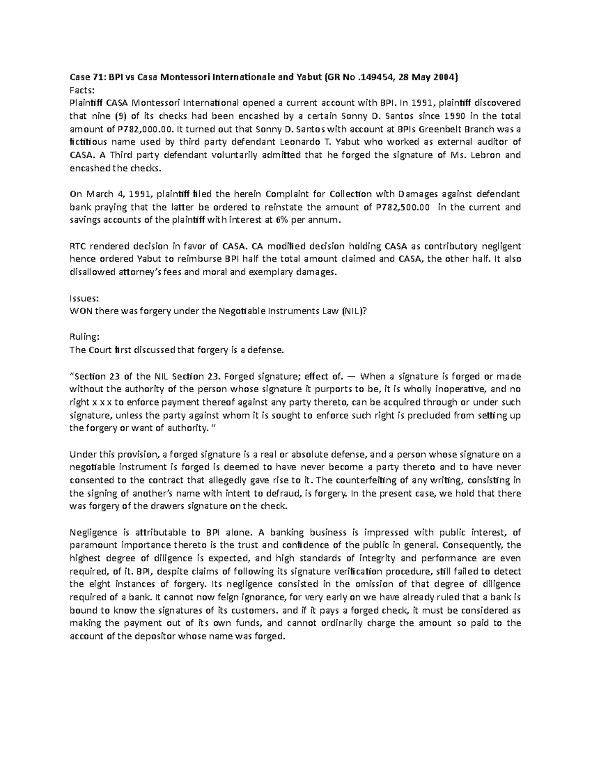 CASE Digests 71 124 - law notes - Case 71: BPI vs Casa Montessori ...