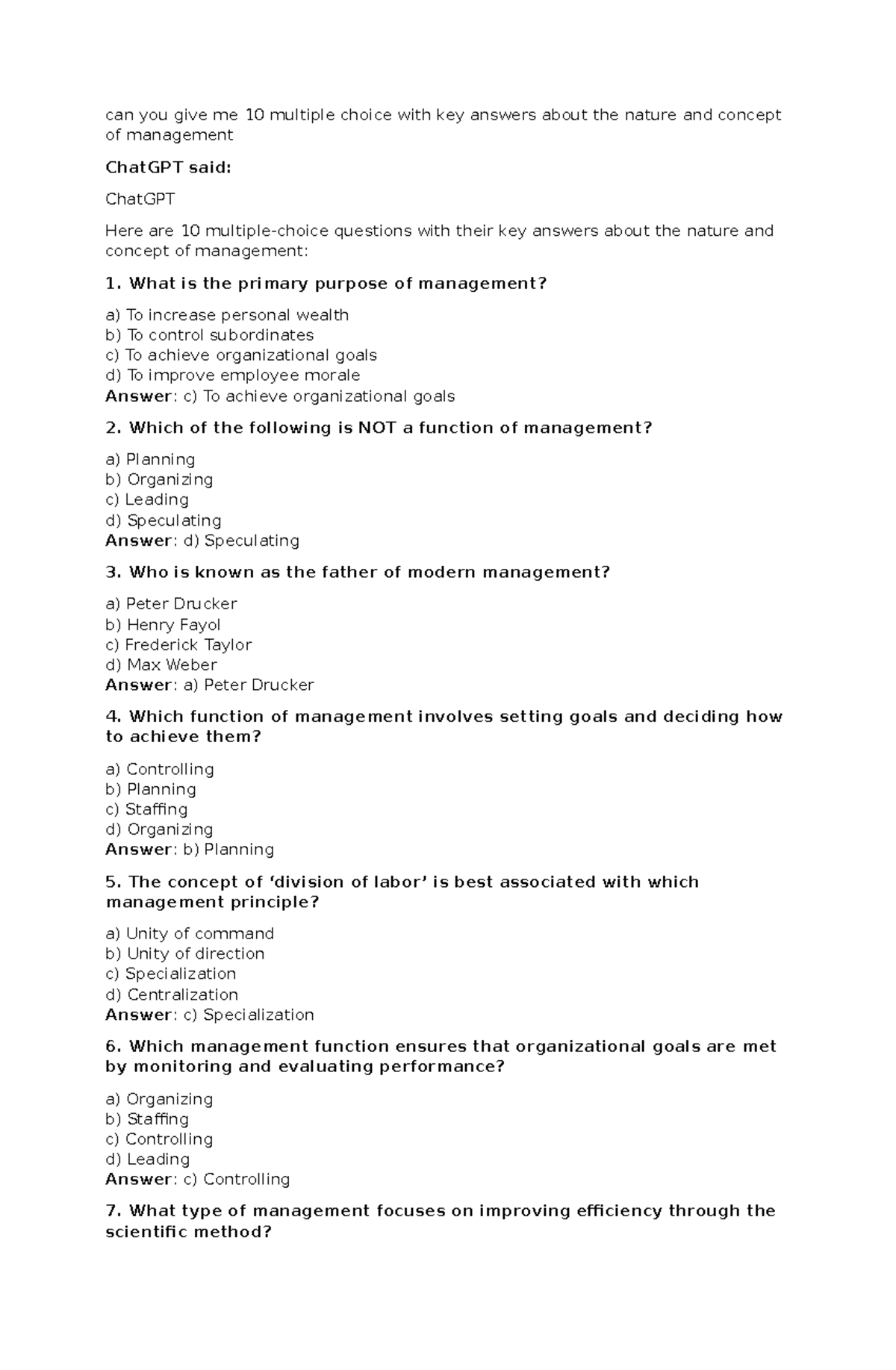 Can you give me 10 multiple choice with key answers about the nature