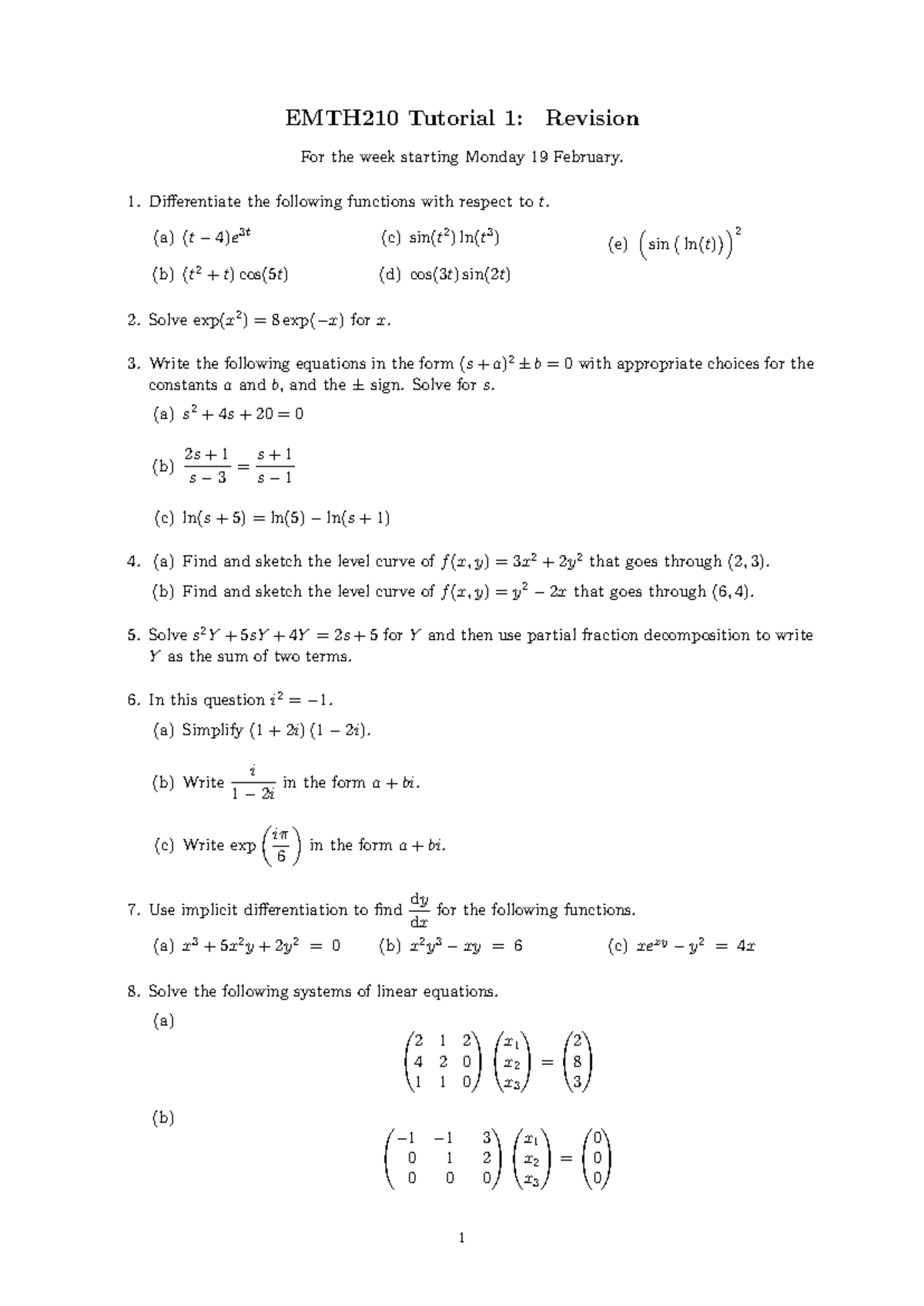 Emth210 Tutorial 01 Questions Revision Emth210 Tutorial 1 Revision