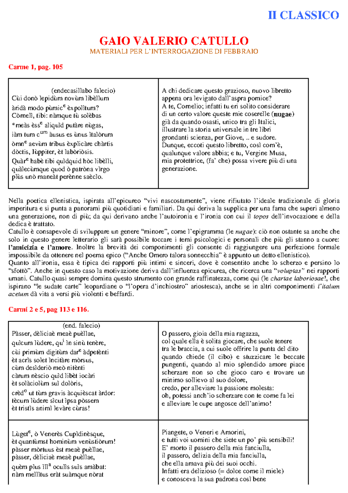 Catullo appunti II CLASSICO GAIO VALERIO CATULLO MATERIALI PER L’INTERROGAZIONE DI FEBBRAIO Catullo appunti II CLASSICO GAIO VALERIO CATULLO MATERIALI PER L’INTERROGAZIONE DI FEBBRAIO