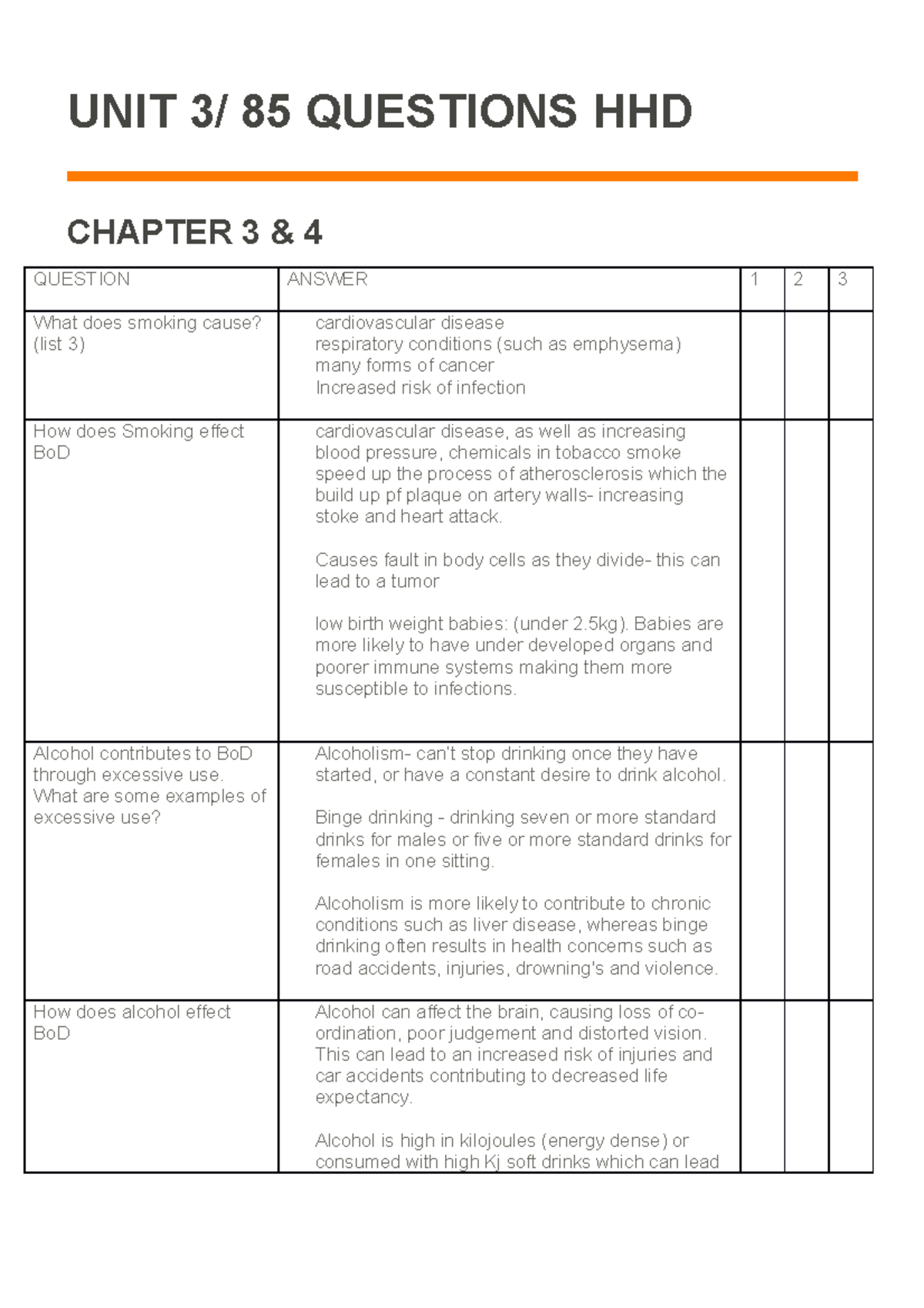 100 questions chapter 3 and 4 - UNIT 3/ 85 QUESTIONS HHD CHAPTER 3 & 4 ...