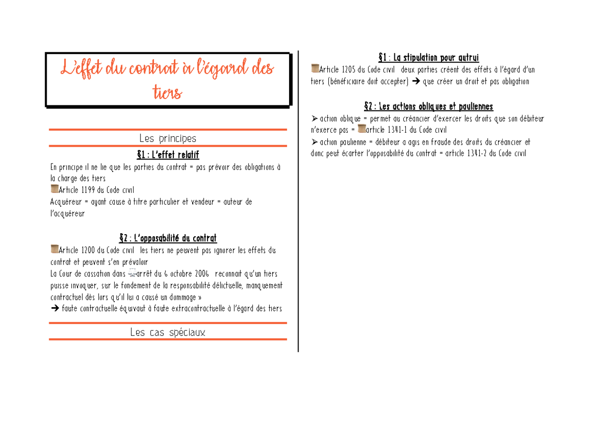 Effet contrat pour tiers - L’effet du contrat à l’égard des tiers Les
