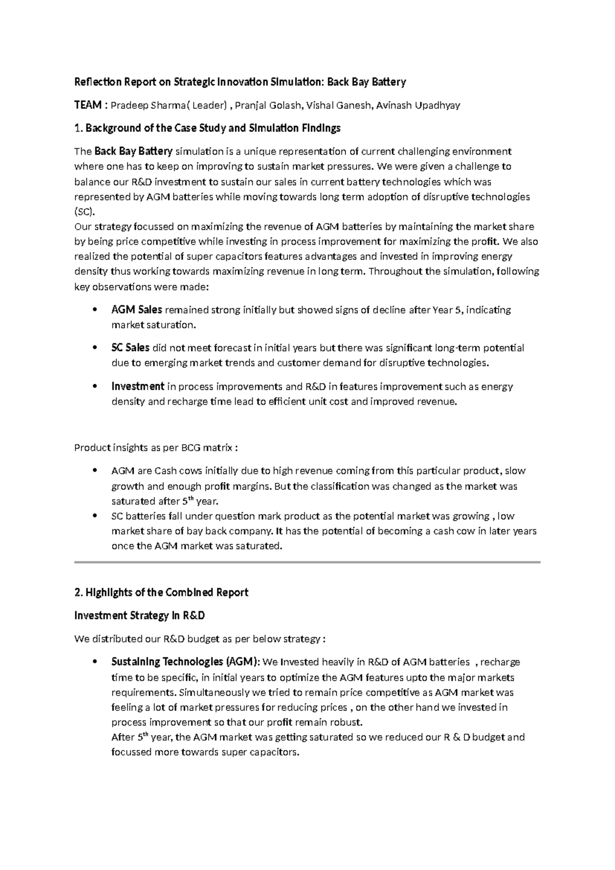 Reflection Report on Strategic Innovation Simulation - We were given a ...