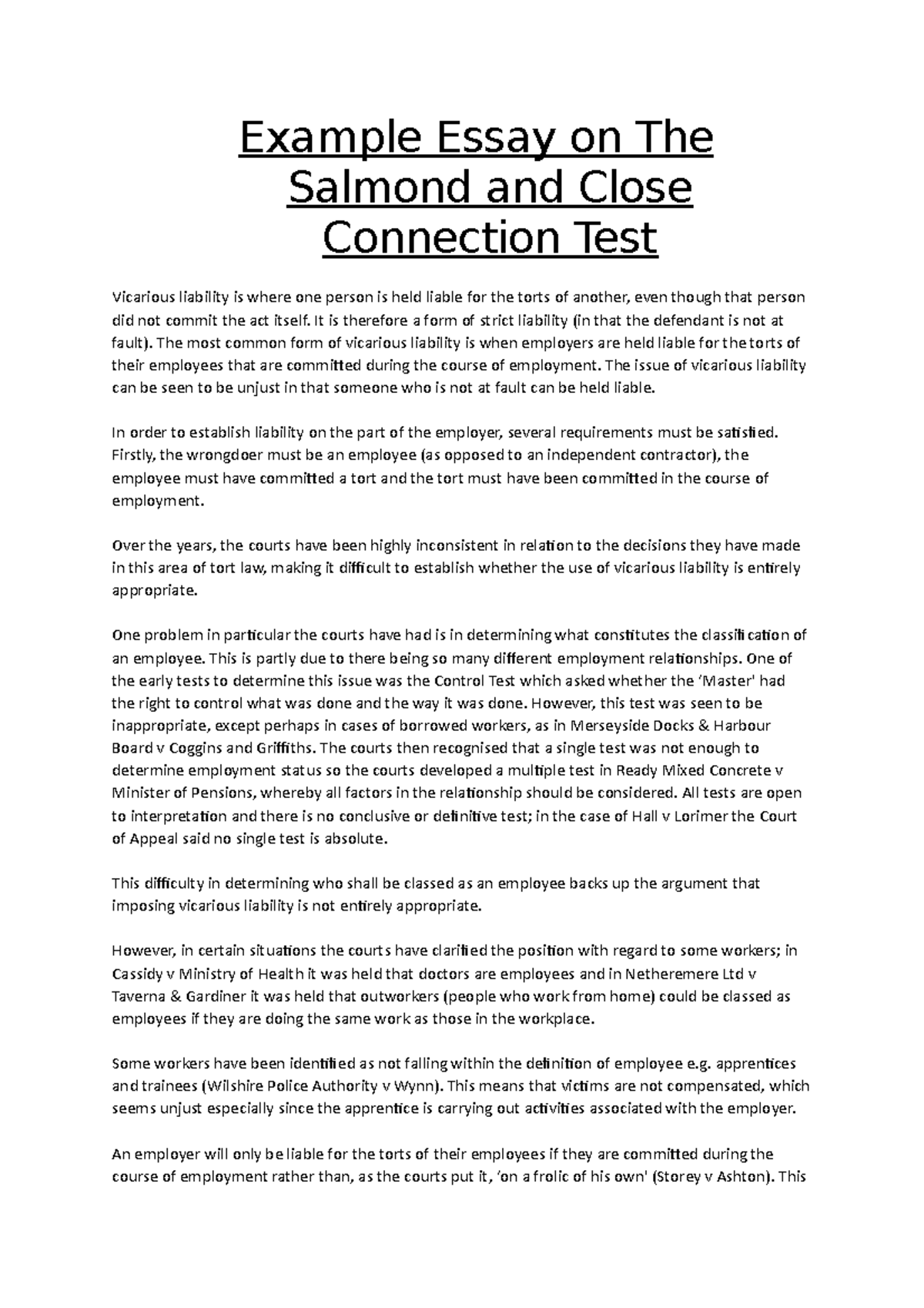 Example essay Salmond Test Example Essay on The Salmond and Close Connection Test Vicarious