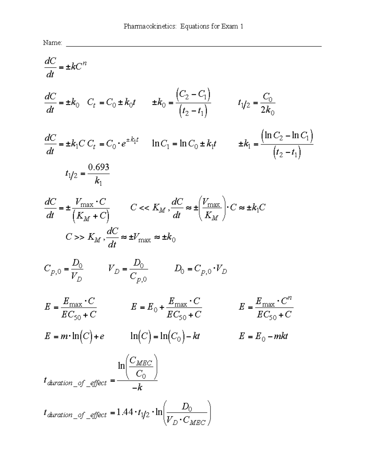 PHCE431-01-SP22-Equations-Exam3 copy - Pharmacokinetics: Equations for ...
