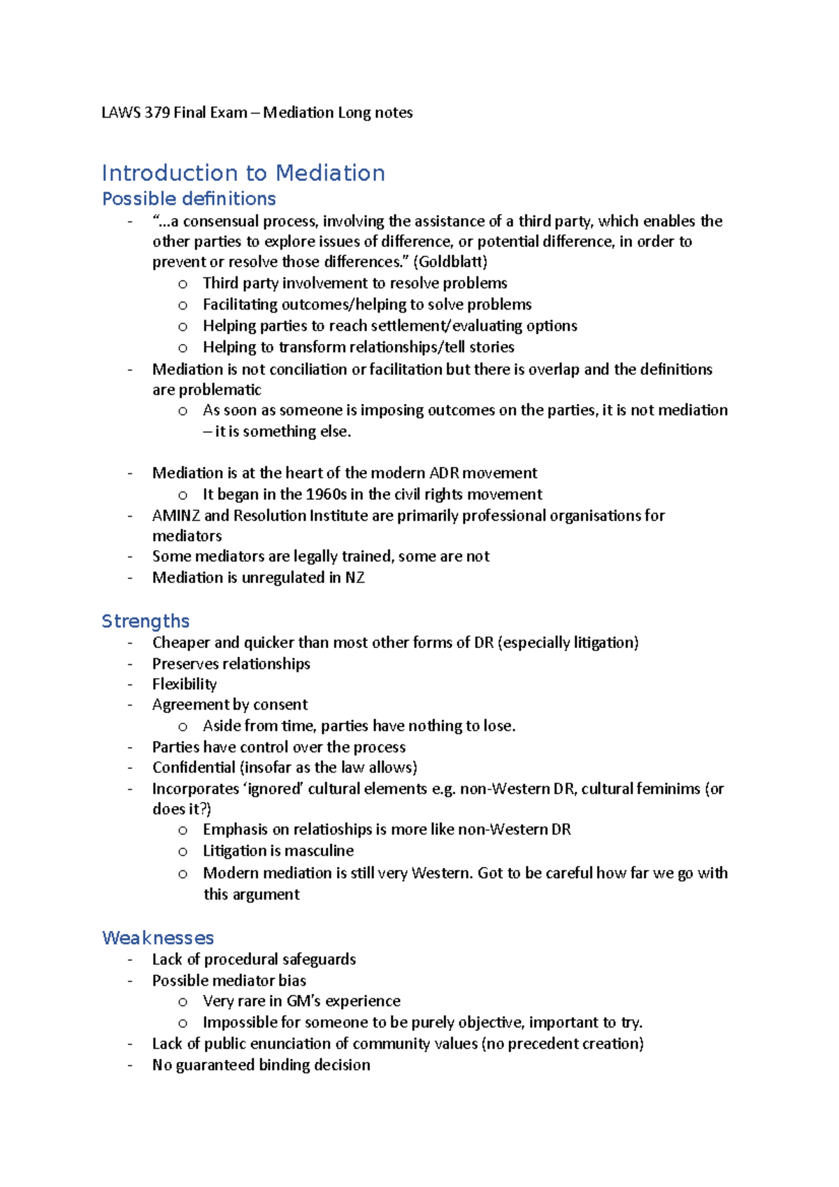 LAWS379 Mediation Final Notes - LAWS 379 Final Exam – Mediation Long ...