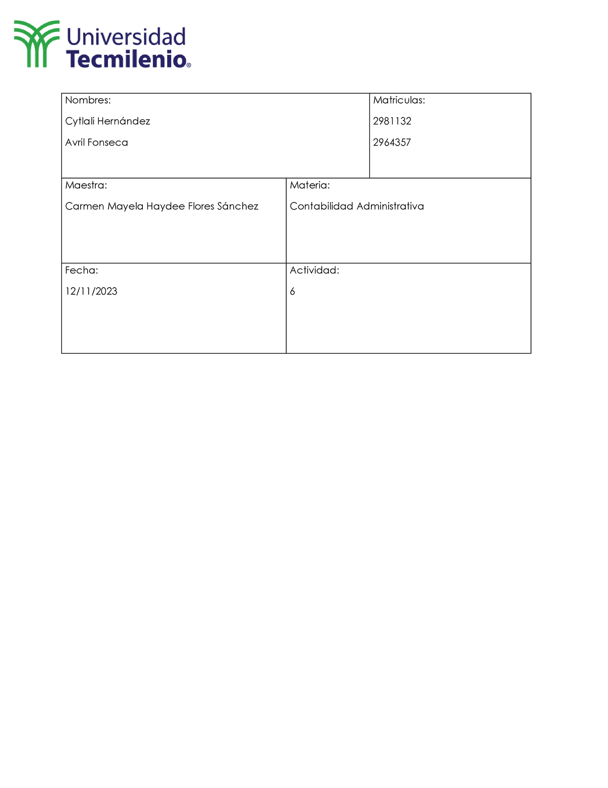 Act Contabilidad Espero Les Sirva Nombres Cytlali Hern Ndez