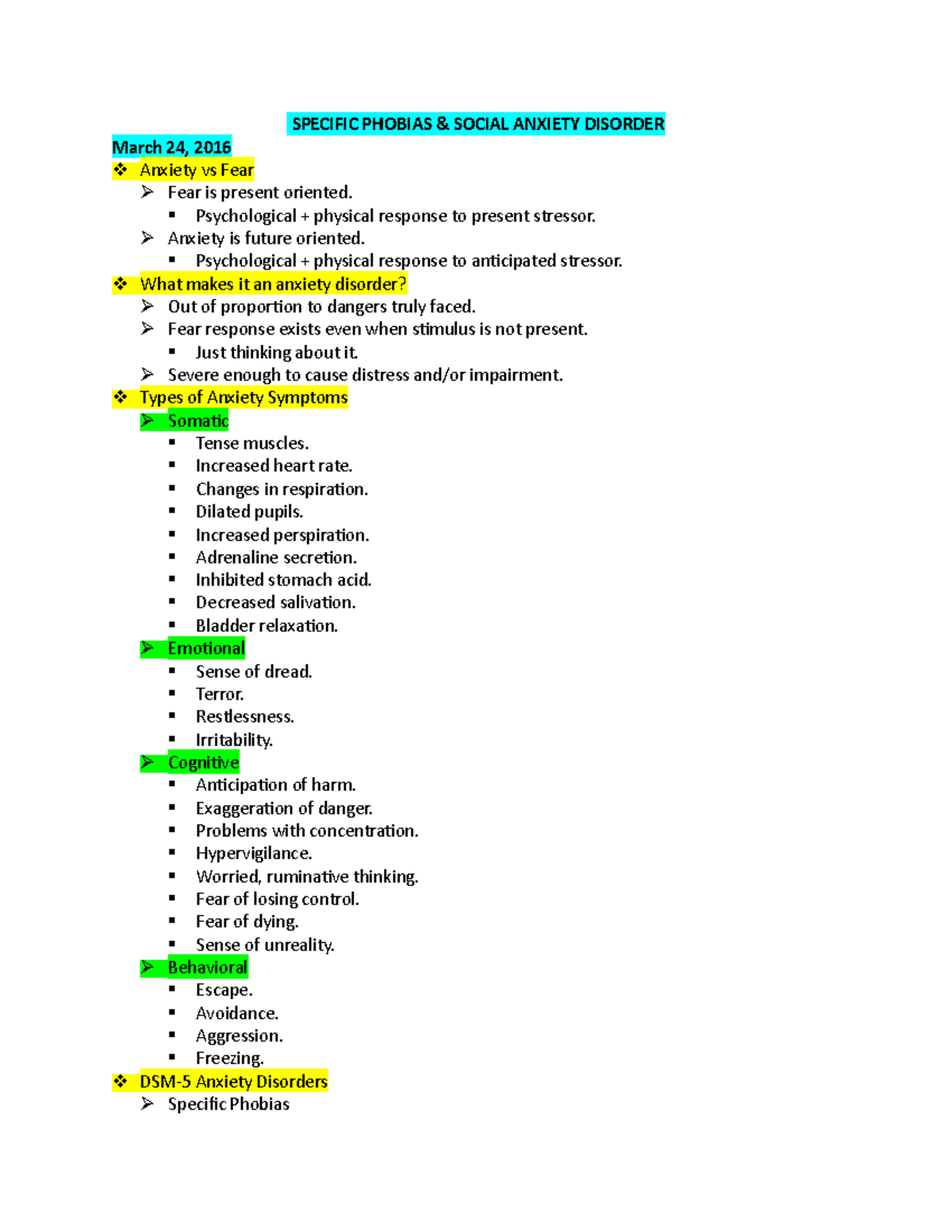 Exam 4 Notes - Kathryn Gordon - SPECIFIC PHOBIAS & SOCIAL ANXIETY ...
