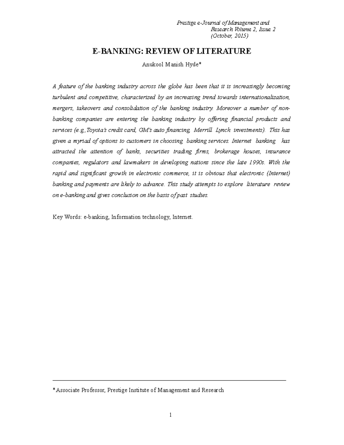 Reference for digital banking Prestige eJournal of Management and Research Volume 2, Issue 2