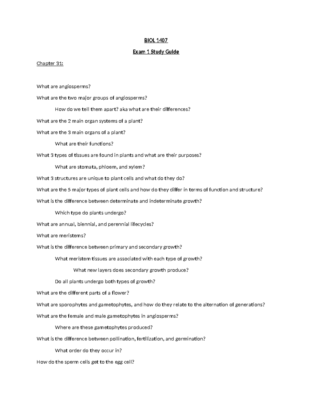 1407 Exam 1 study guide - BIOL 1407 Exam 1 Study Guide Chapter 31: What ...