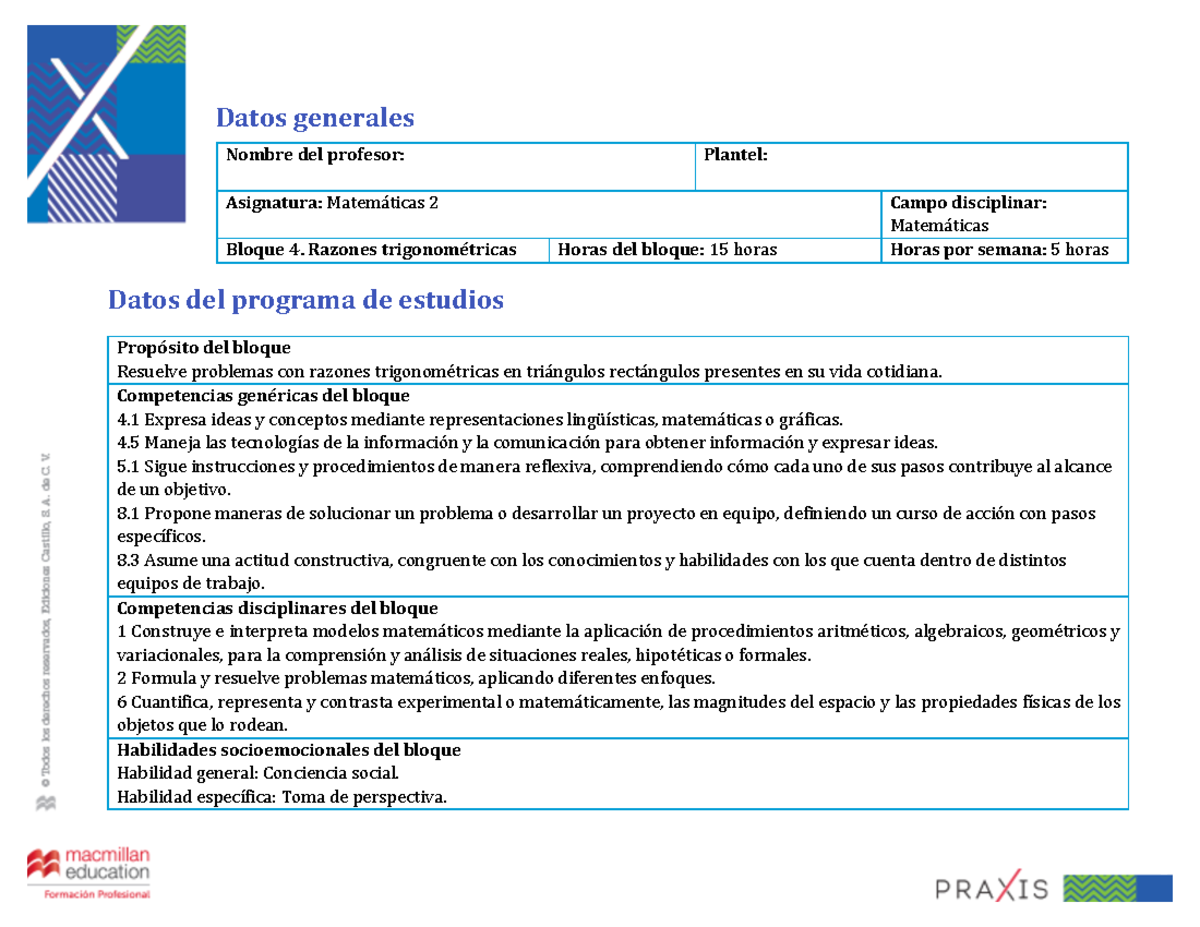 Plan de clase mate1 bloque 4 Semana 9 R - Datos generales Datos del ...