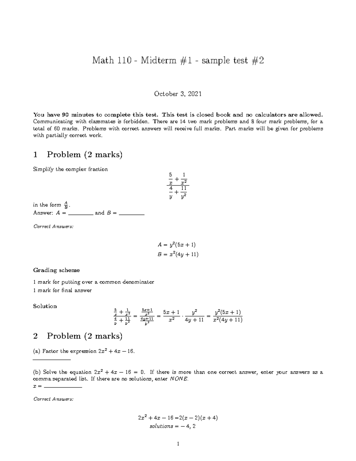 Midterm 2 Solutions Sample - Math 110 - Midterm #1 - Sample Test ...