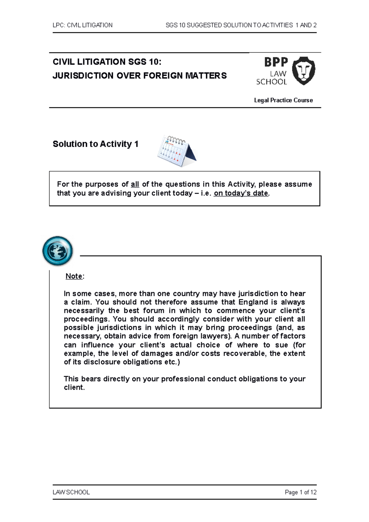 Civil Litigation SGS 10 Activities 1 and 2 Solution - LPC: CIVIL ...