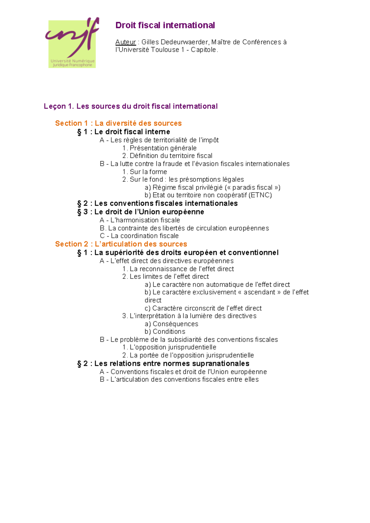 Plan détaillé Droit fiscal international - Leçon 1. Les sources du ...
