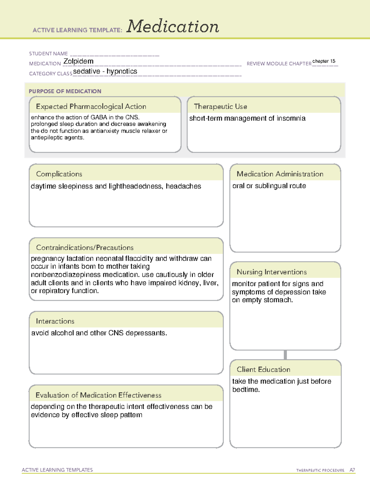 Templatezolpidem - ATI template - ACTIVE LEARNING TEMPLATES TherapeuTic ...