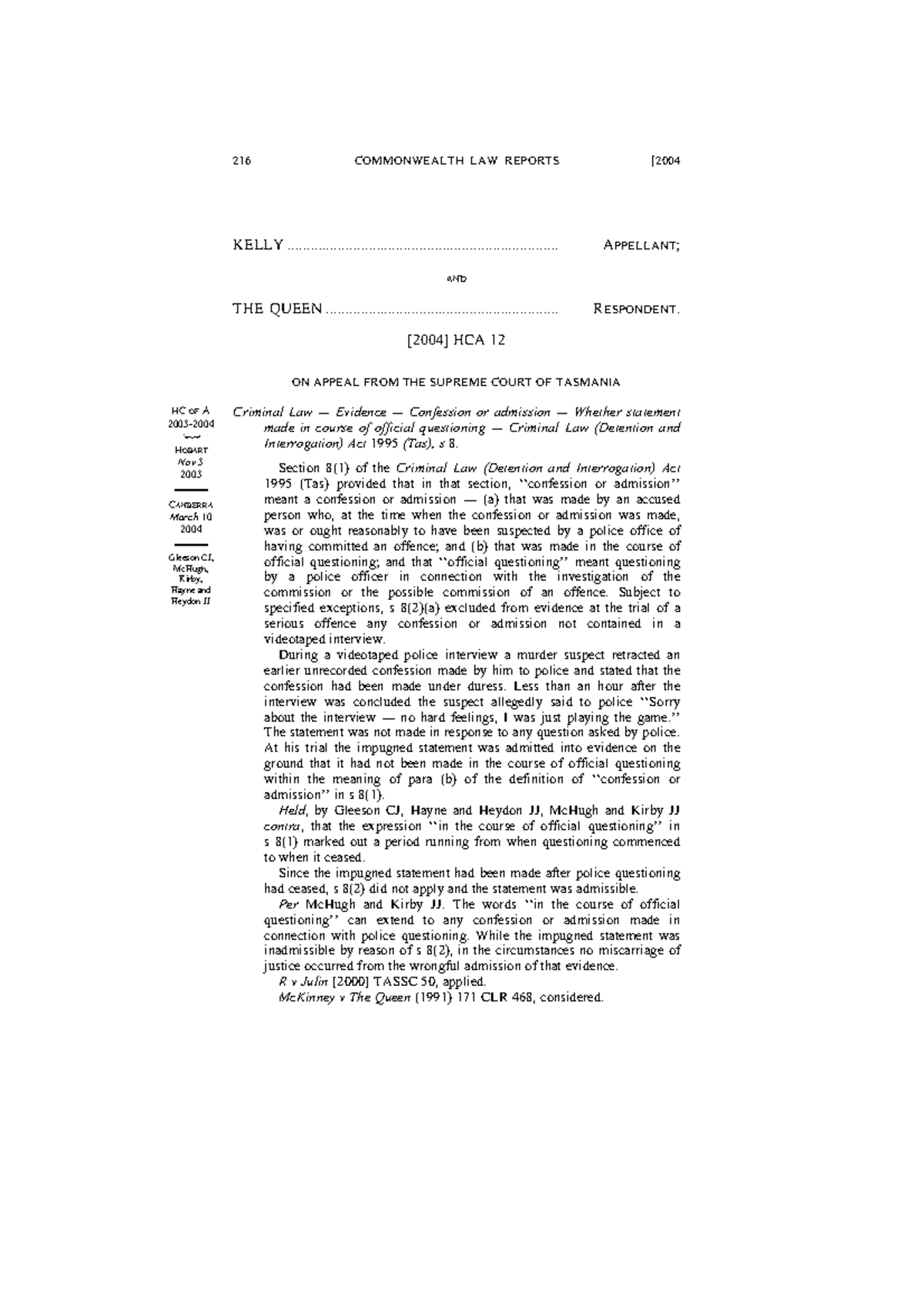 (2004 ) 218 CLR 216 Case 216 COMMONWEALTH LAW REPORTS [ KELLY Studocu