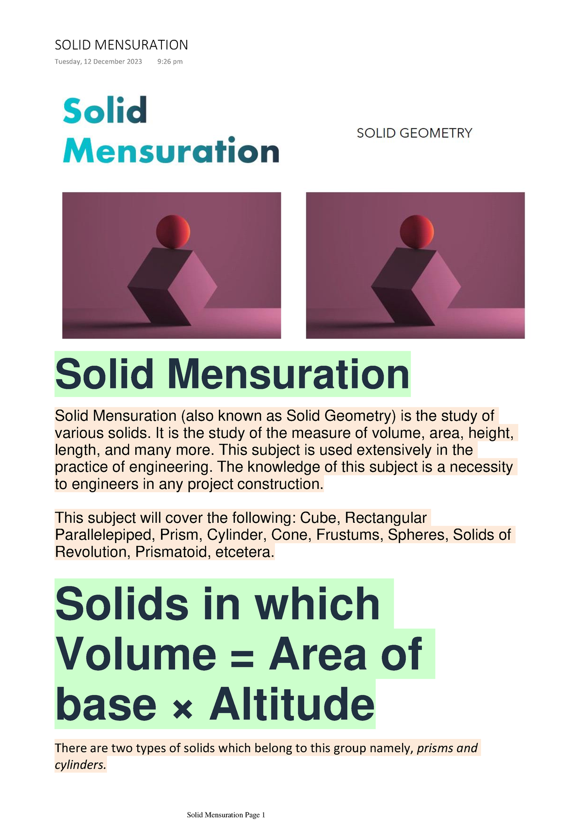 research work on solid mensuration