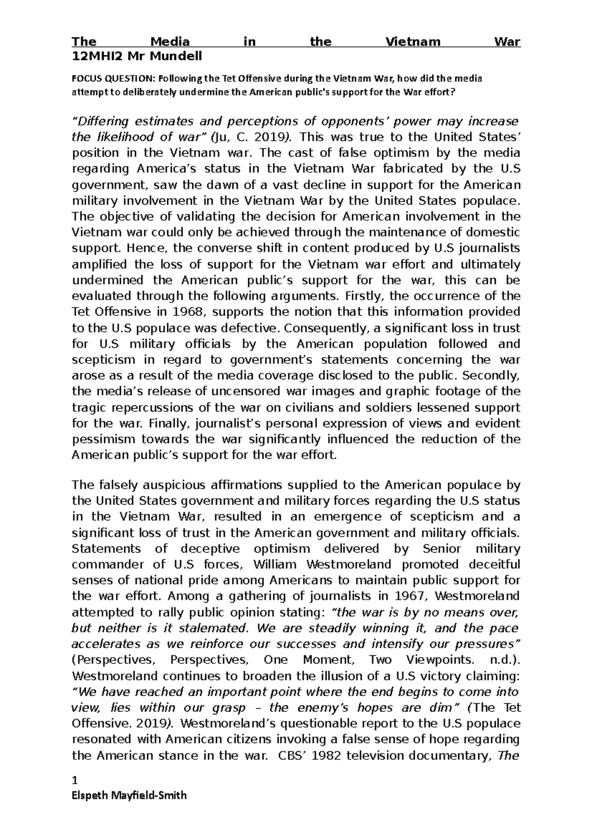 Y12 T2 Modern Draft The Media in Vietnam War 12MHI2 Mr Mundell FOCUS