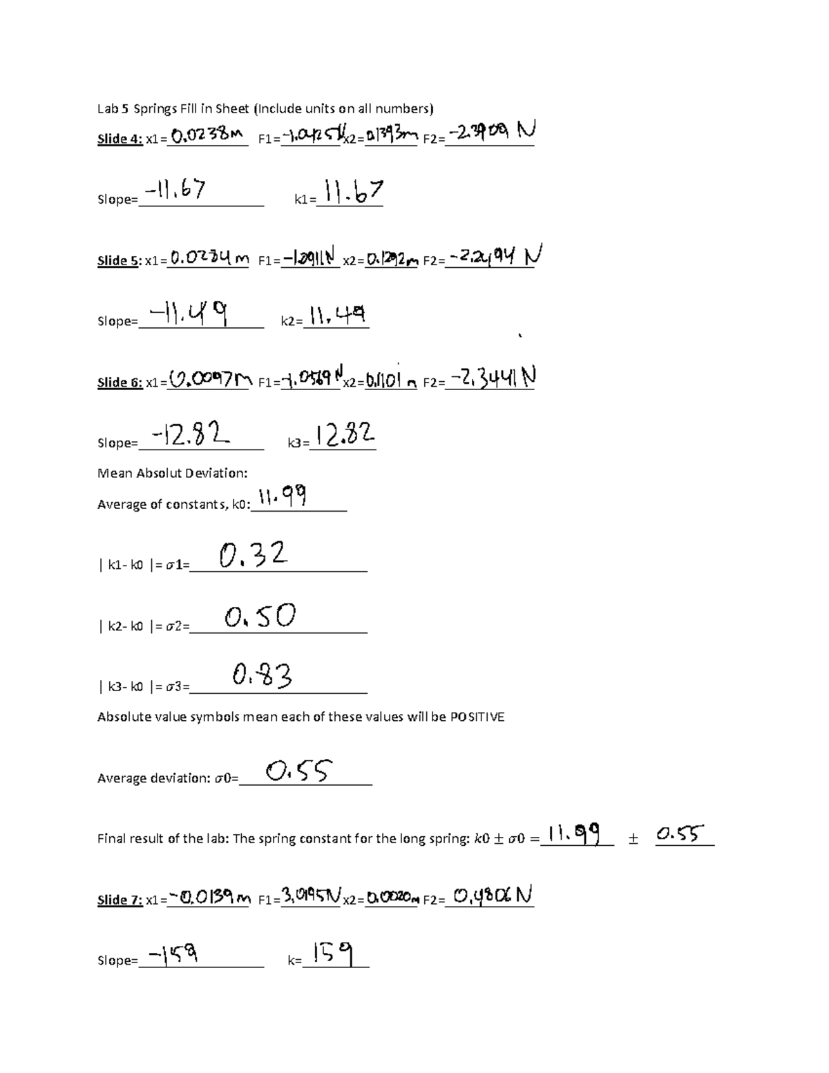 Lab 5 Springs Fill in Sheet - 0 1 0 2 11 11. 0 4 01101m 2 12 12. 11. 0 ...