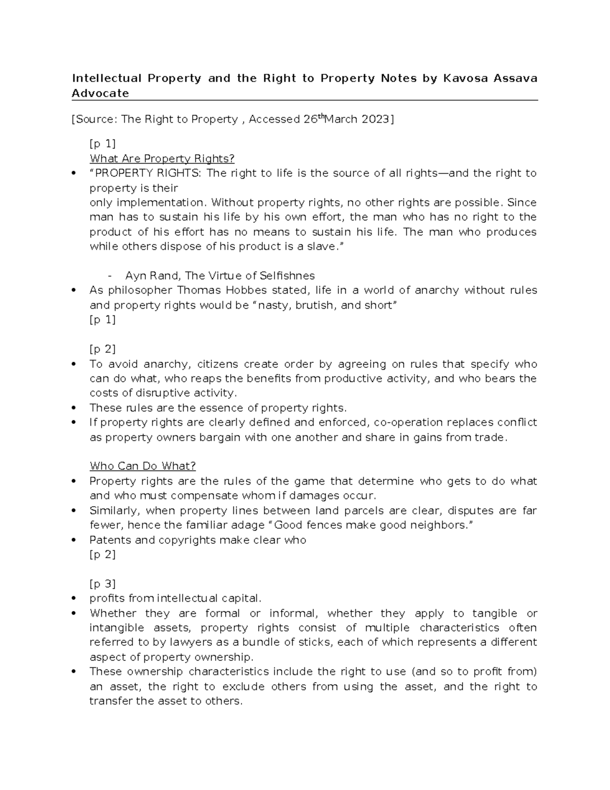 Intellectual Property and the Right to Property Notes by Kavosa Assava ...