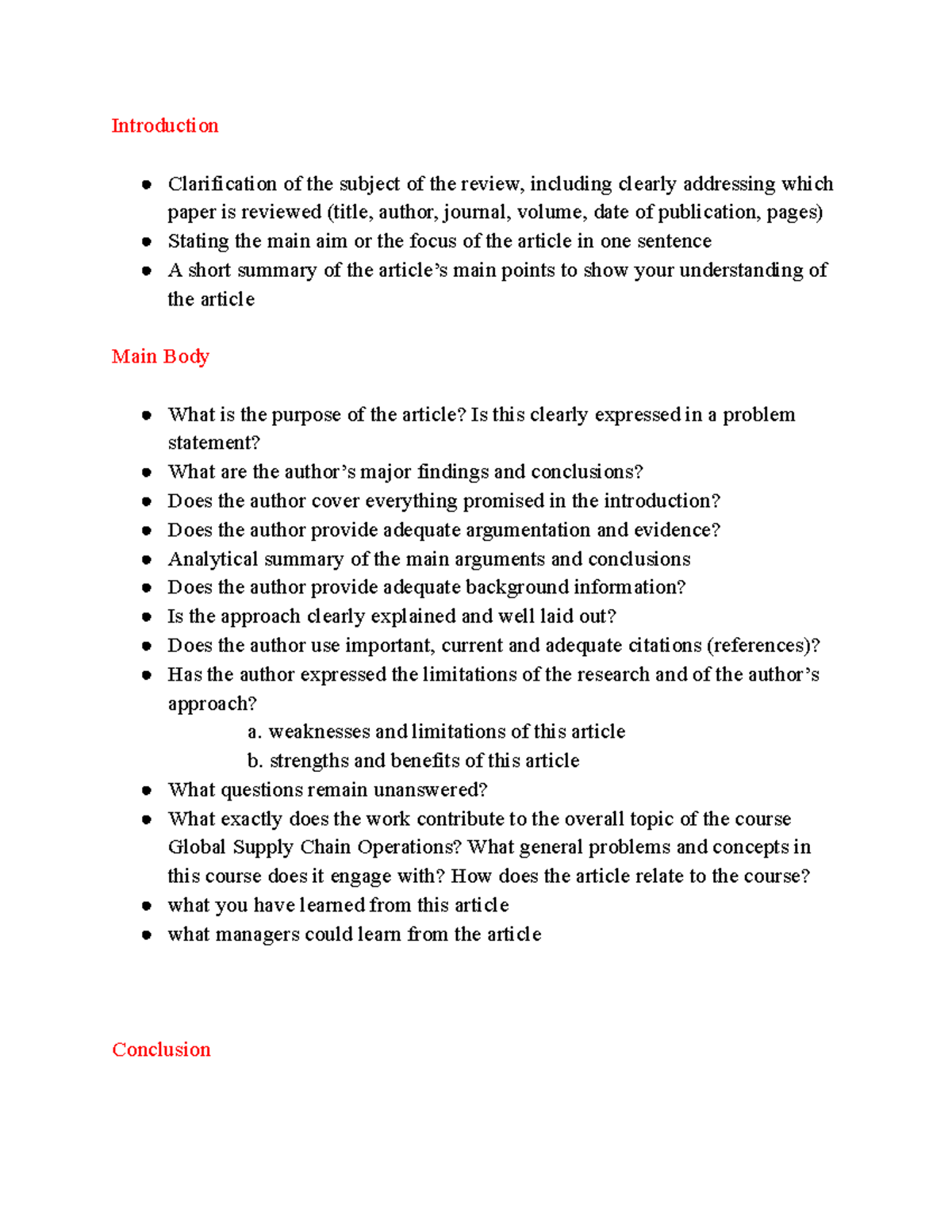 Article review Assignment Introduction Clarification of the subject