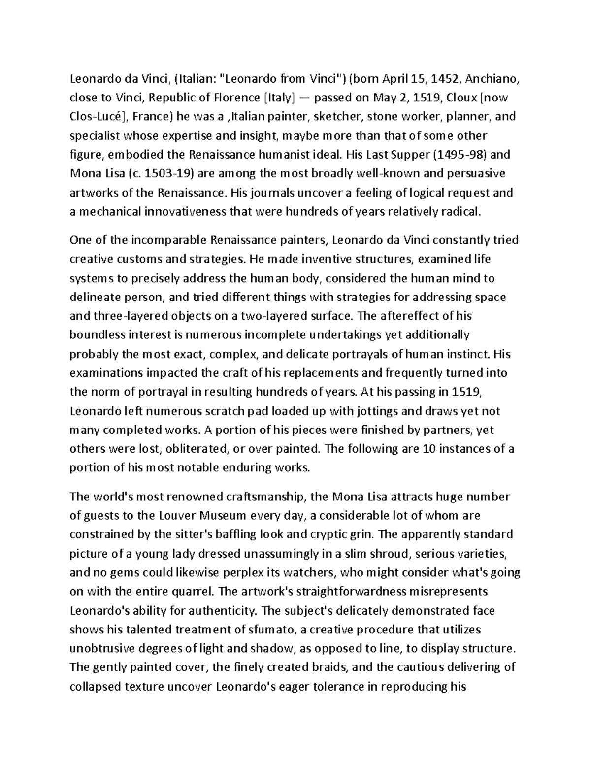 5 paragraph essay about leonardo da vinci