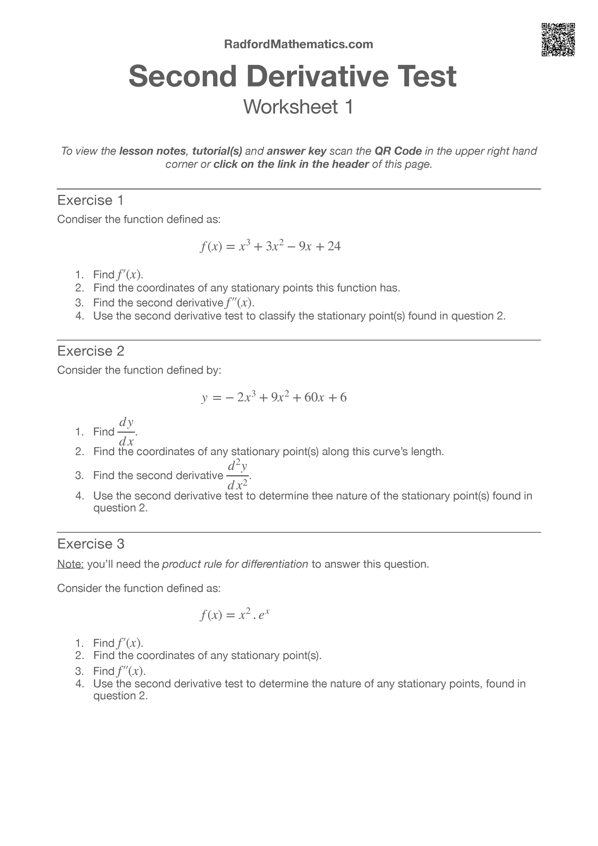 Second Derivative Test Ws 1 - RadfordMathematics Second Derivative Test ...