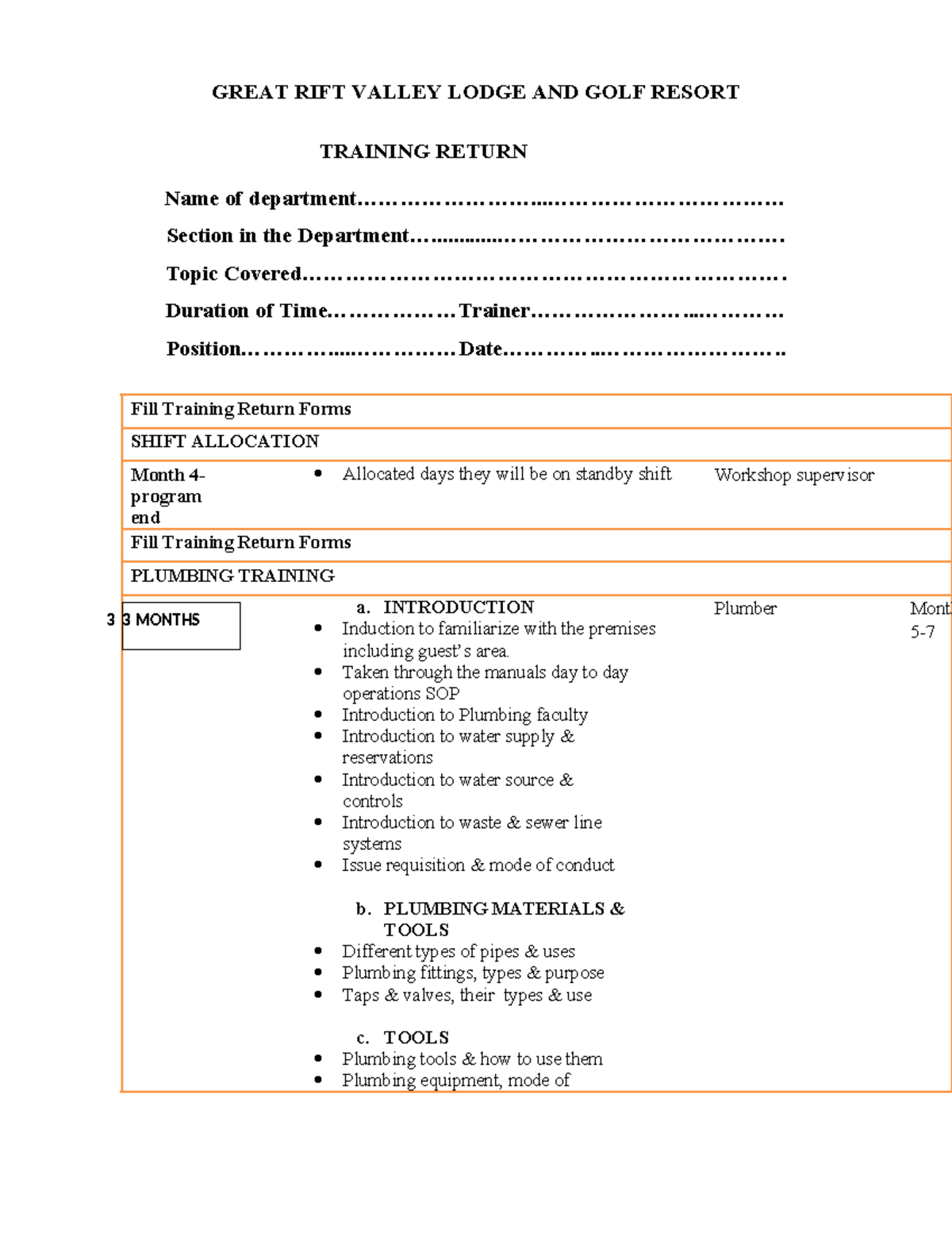 Trainee training -plumbing - TRAINING RETURN Name of - Studocu