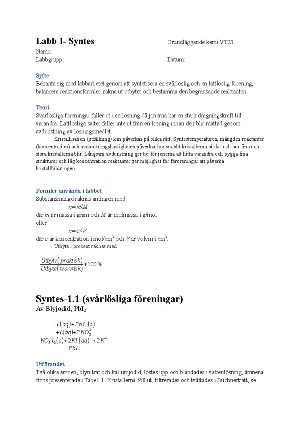 Jämvikt Laboration 1 Synteser - Labb 1- Syntes Grundläggande Kemi VT ...