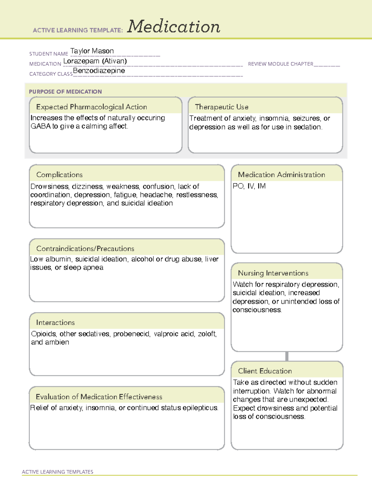 Ativan Template - ACTIVE LEARNING TEMPLATES Medication STUDENT NAME ...