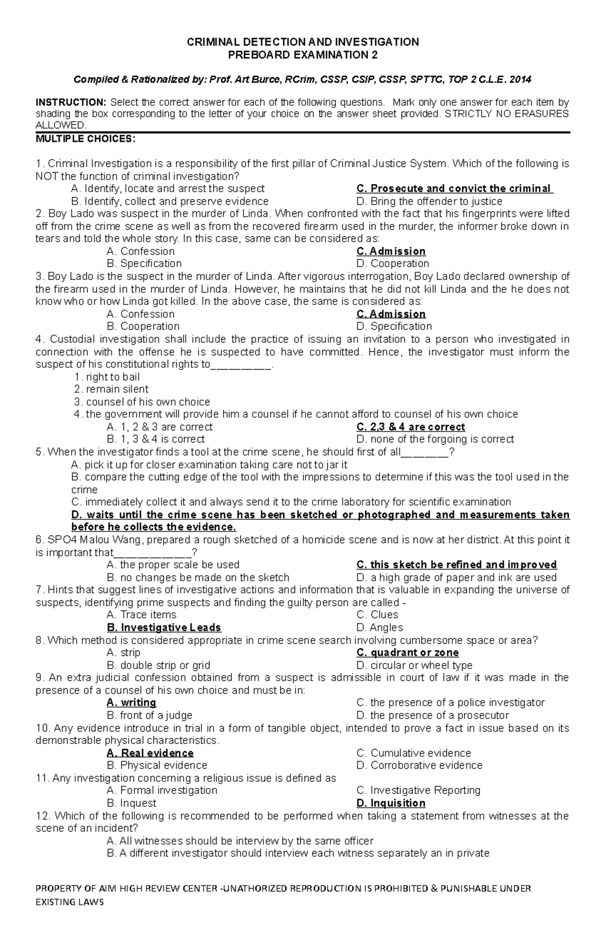 CDI PB 2 - Study dis mi - CRIMINAL DETECTION AND INVESTIGATION PREBOARD ...