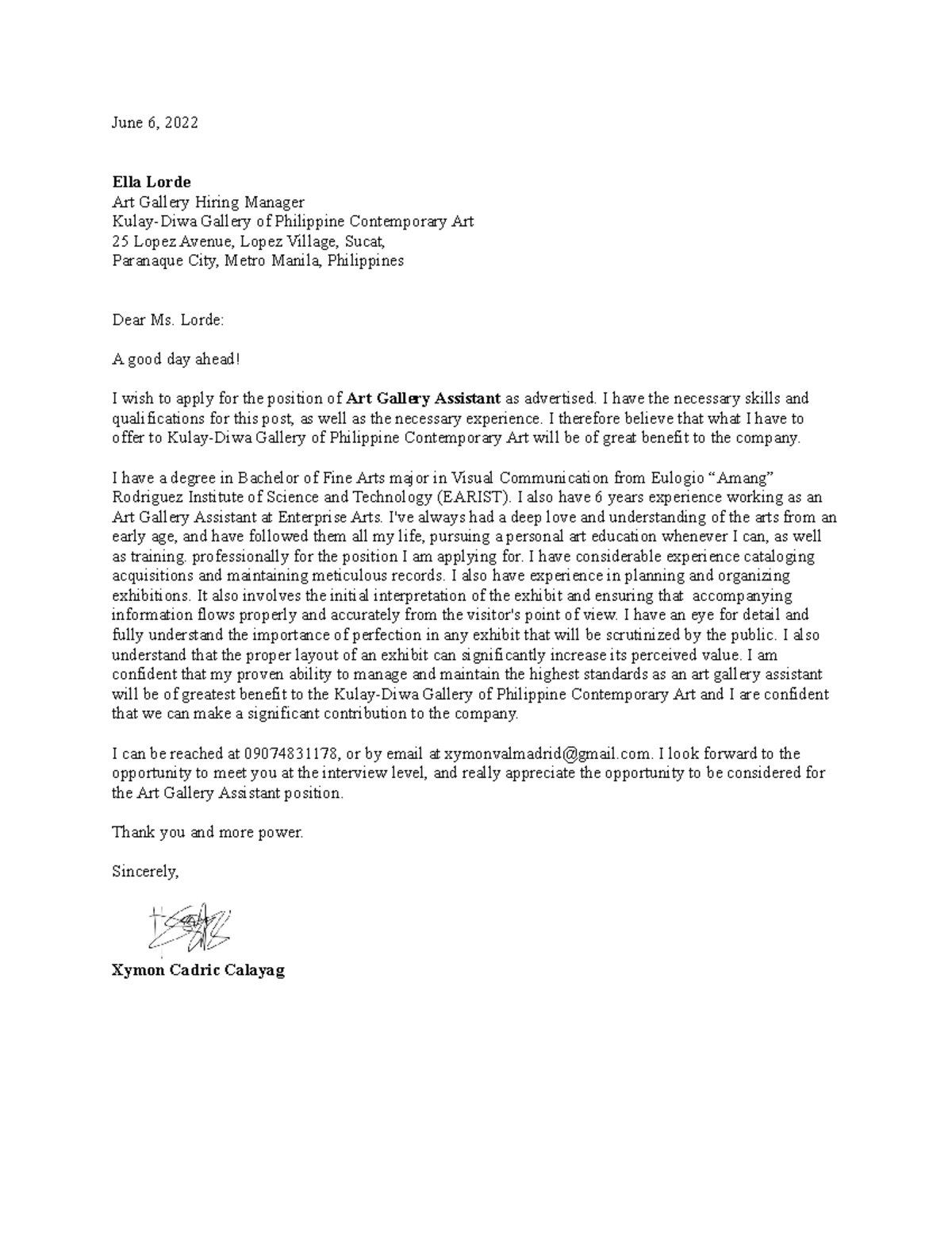 Calayag Application Letter - June 6, 2022 Ella Lorde Art Gallery Hiring ...