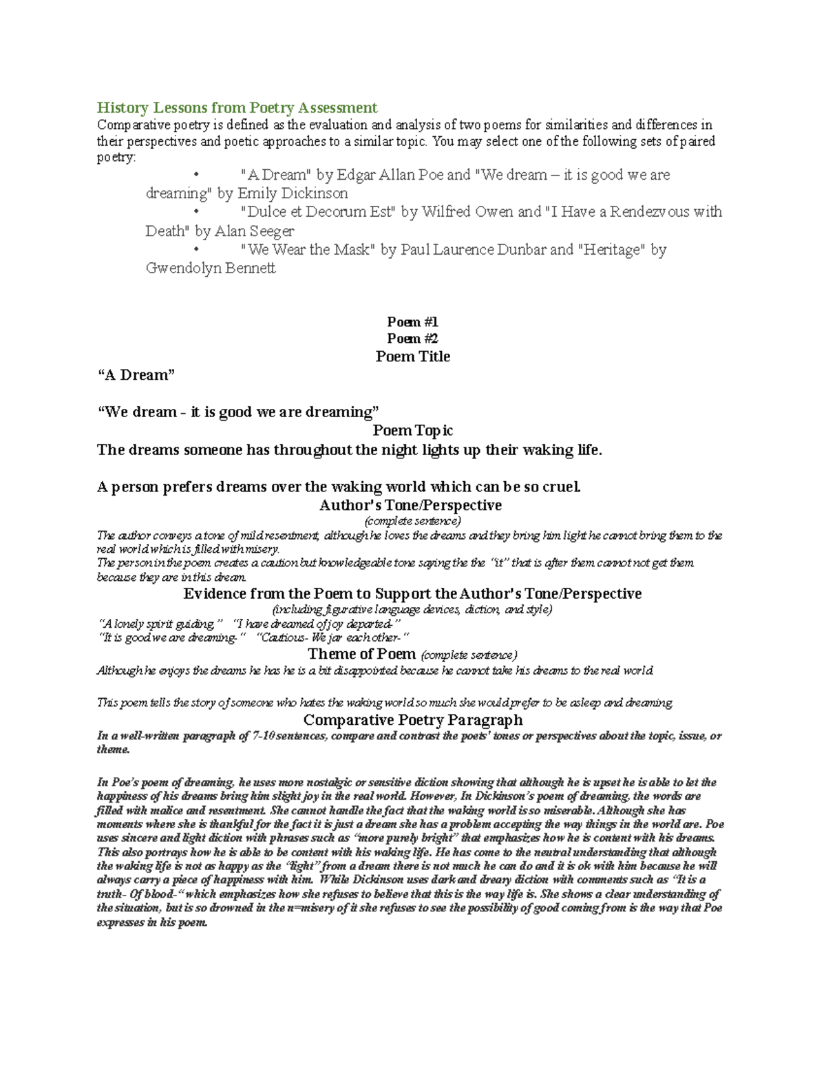 History lessons from poetry assess rubric History Lessons from Poetry