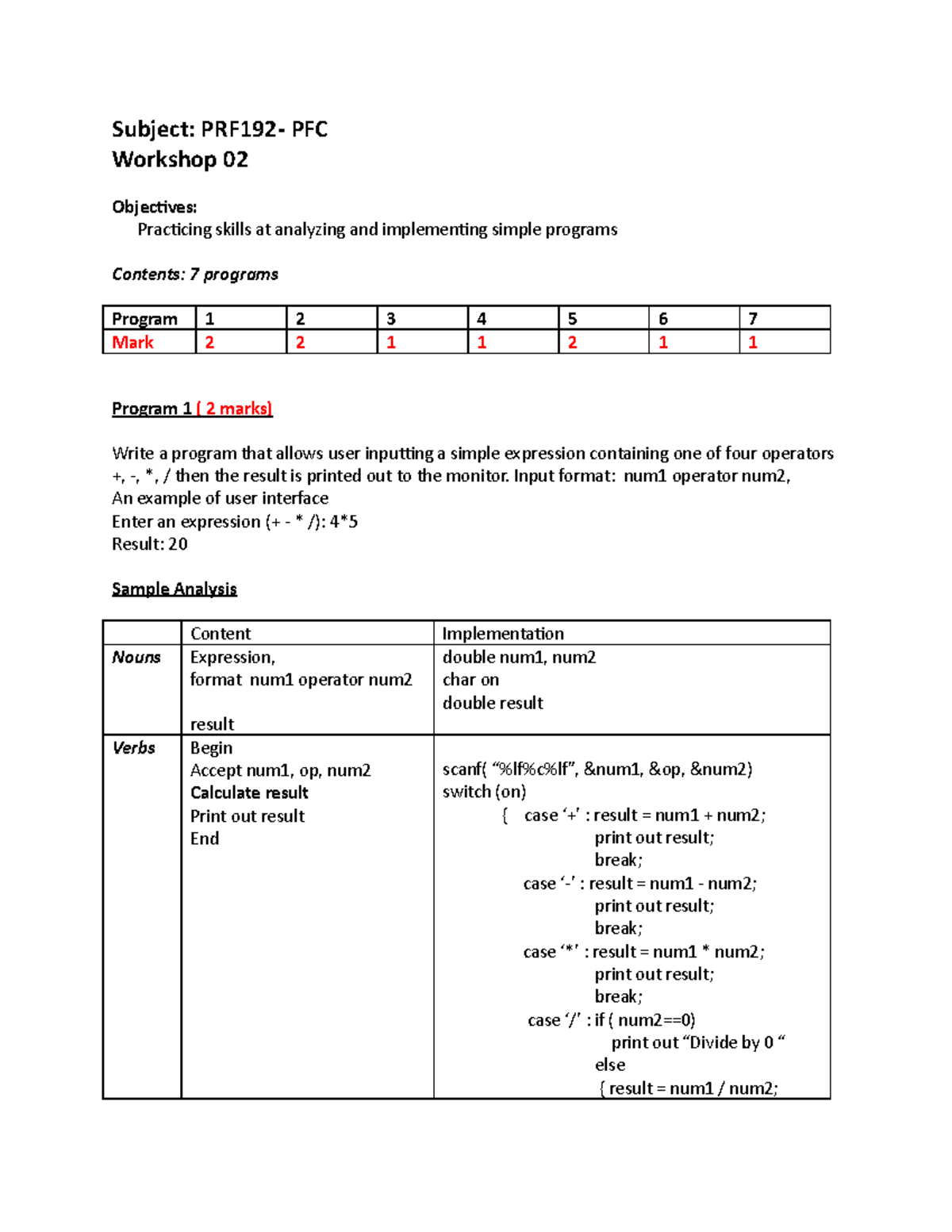 Subject - Easy - Subject: PRF192- PFC Workshop 02 Objectives ...