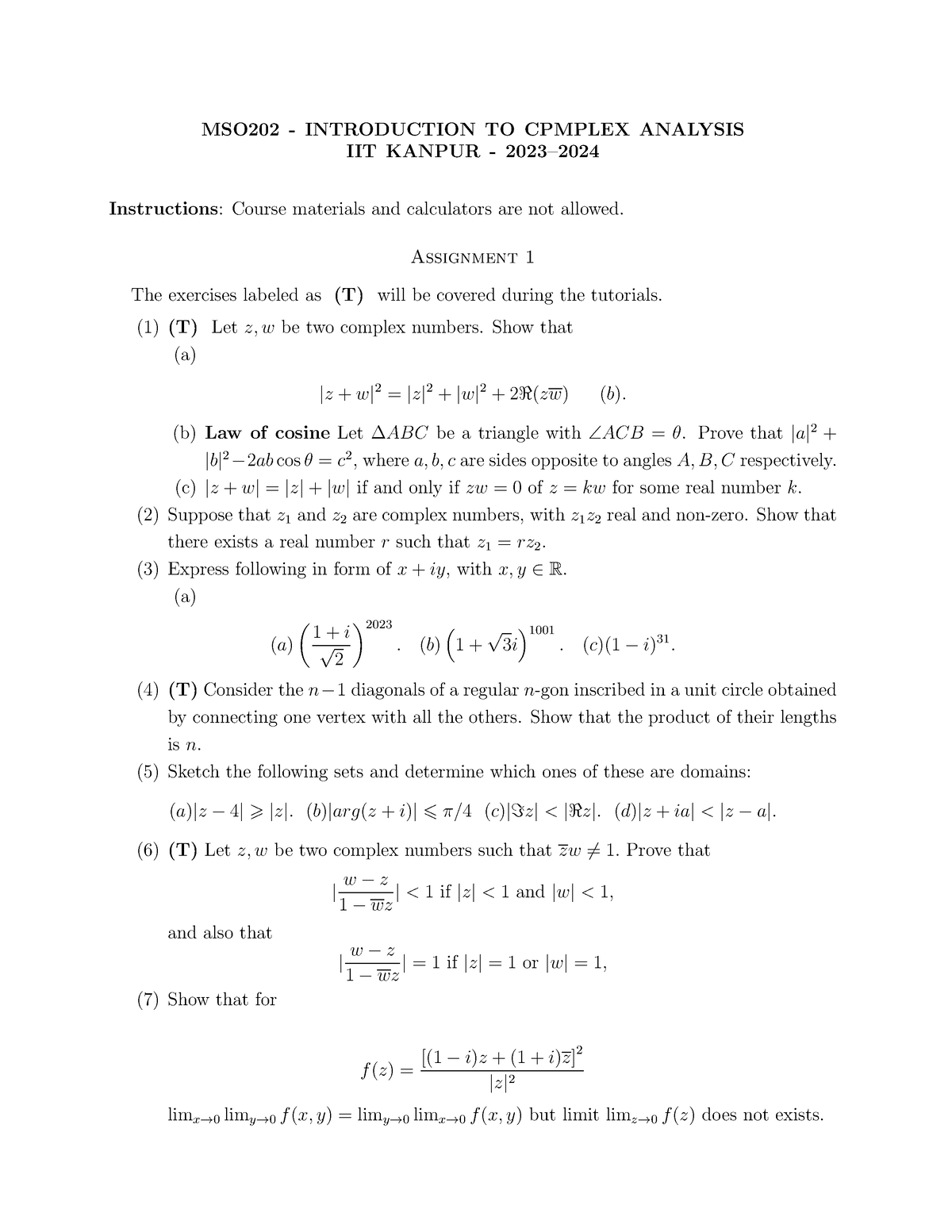 Assignment 1 - MSO202 - INTRODUCTION TO CPMPLEX ANALYSIS IIT KANPUR ...