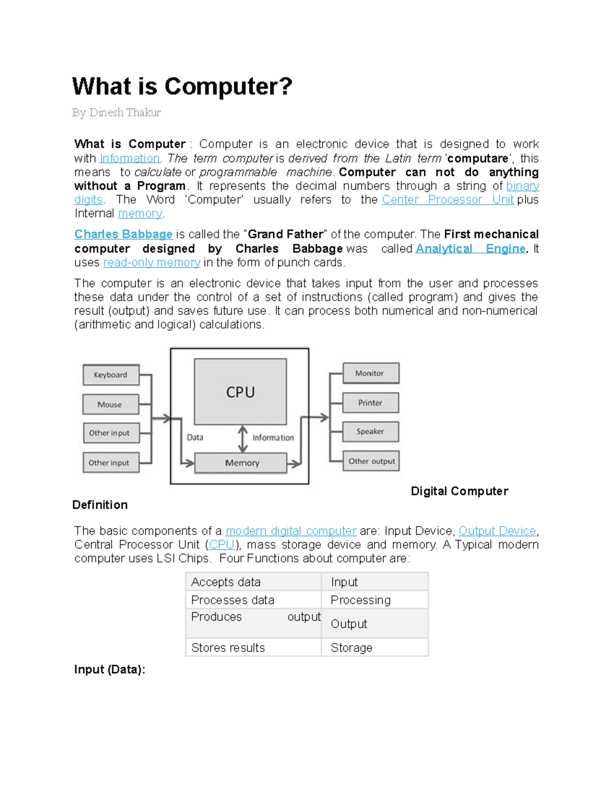 Computer Notes Full A What Is Computer By Dinesh Thakur What Is 