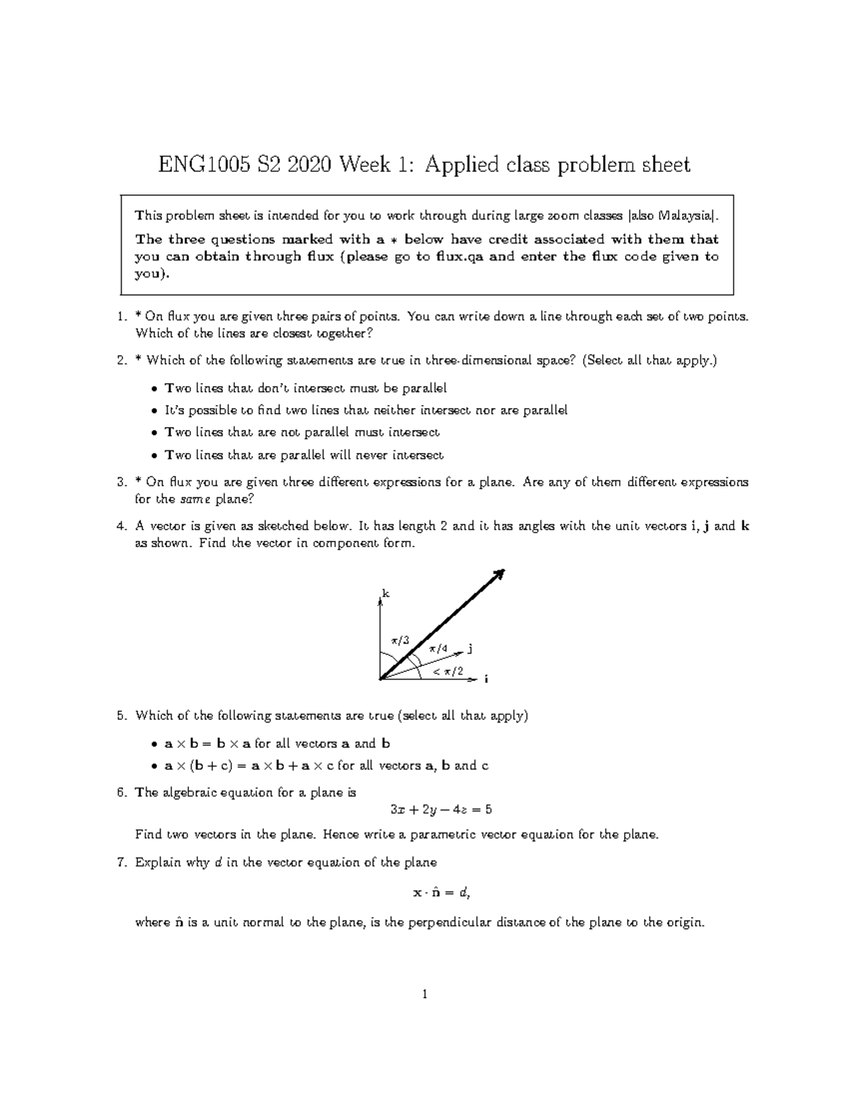 Week 1 problem sheet (with Flux question) - ENG1005 S2 2020 Week 1 ...