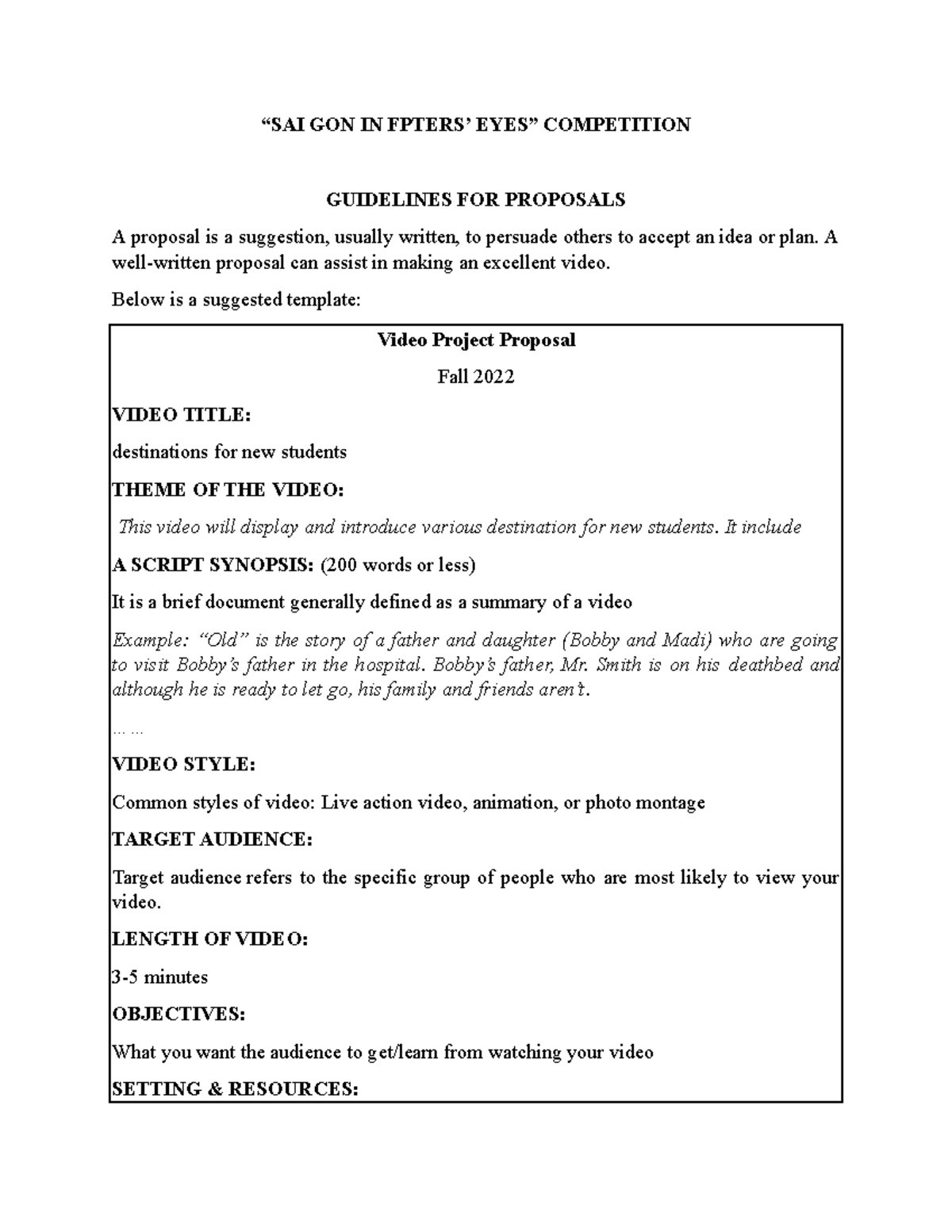 1. Proposal Guideline - “SAI GON IN FPTERS’ EYES” COMPETITION ...