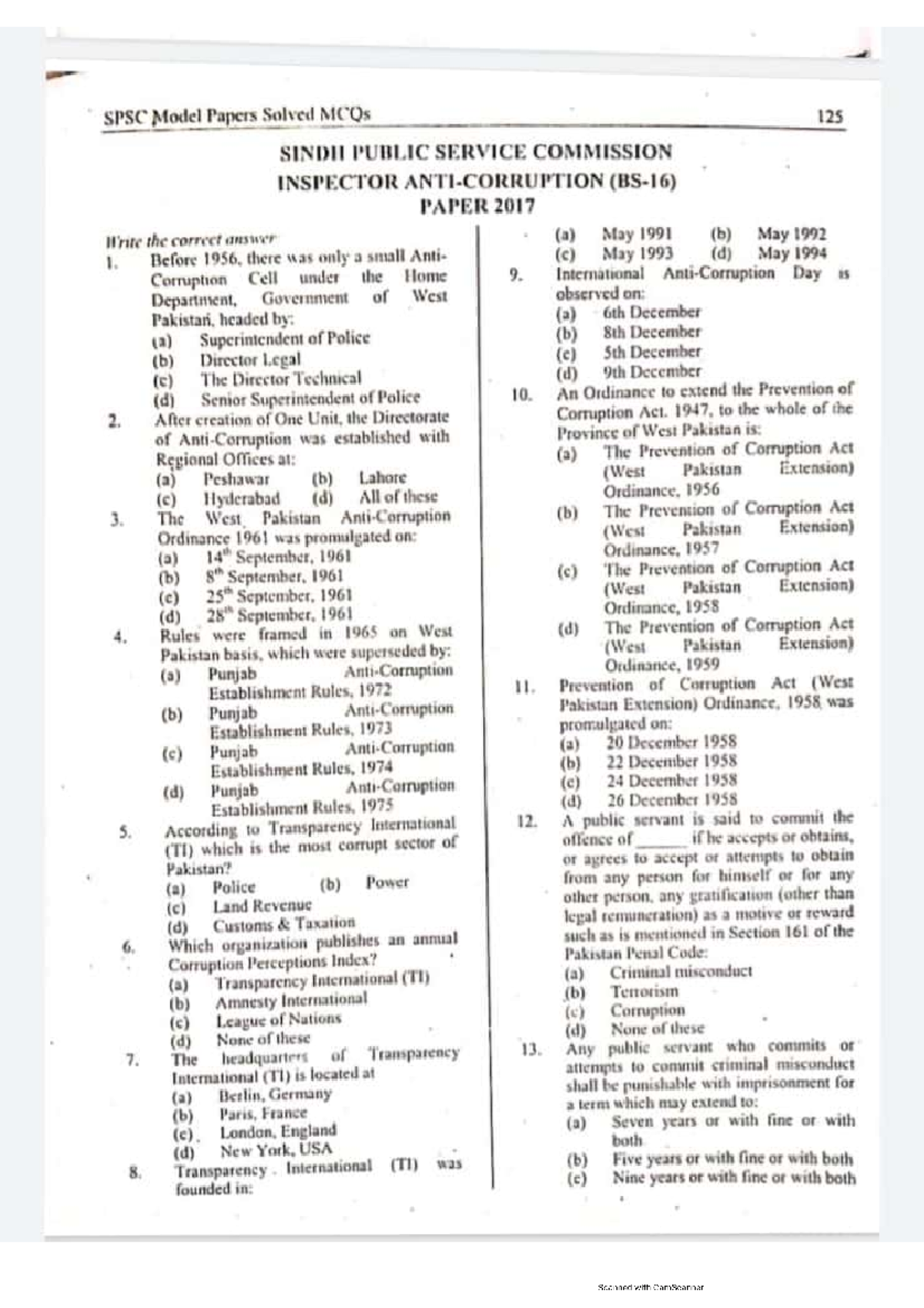 SPSC Inspector Anti Corruption Past Papers - Cost Accounting - Studocu