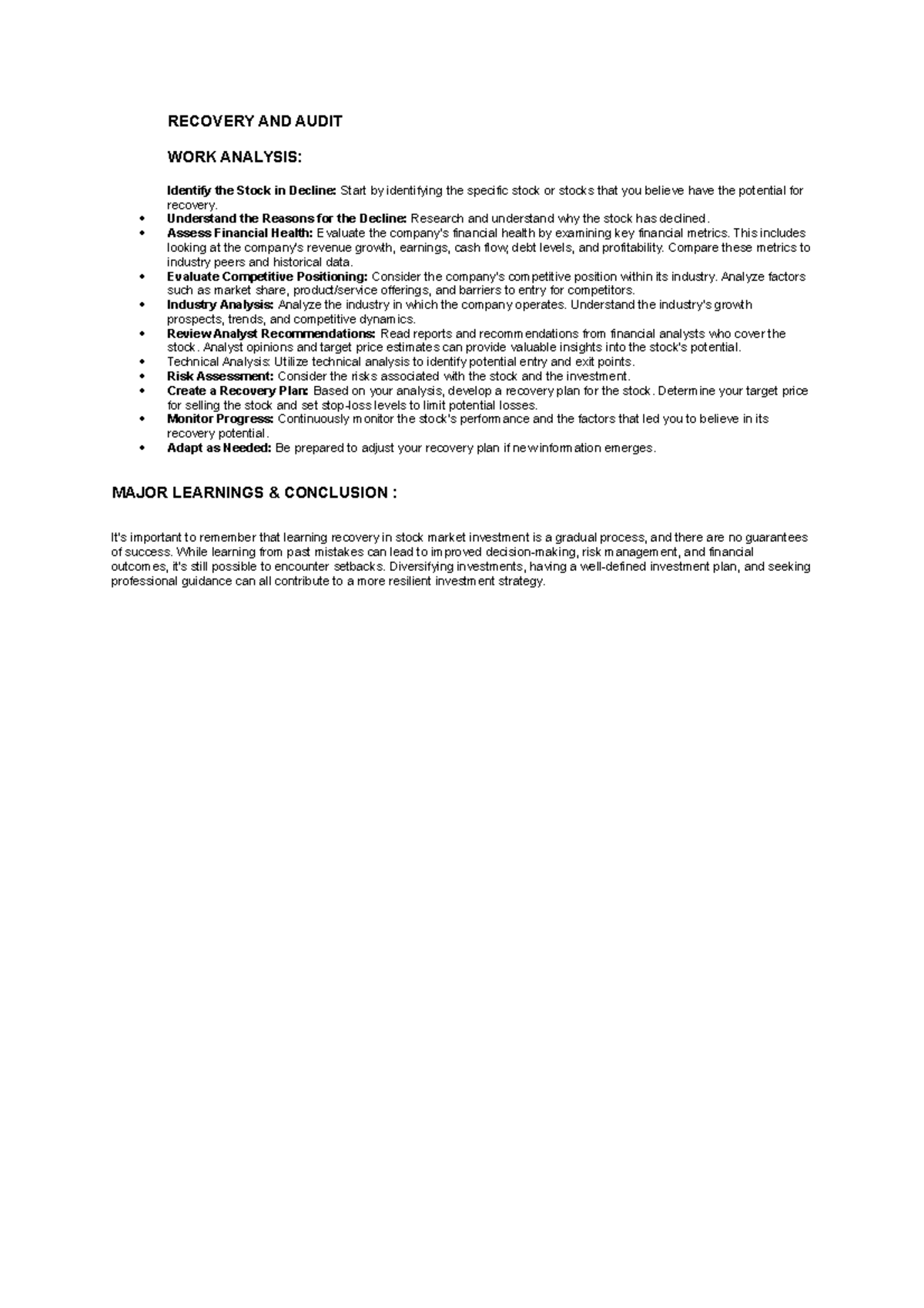 Recovery AND Audit - RECOVERY AND AUDIT WORK ANALYSIS: Identify the ...