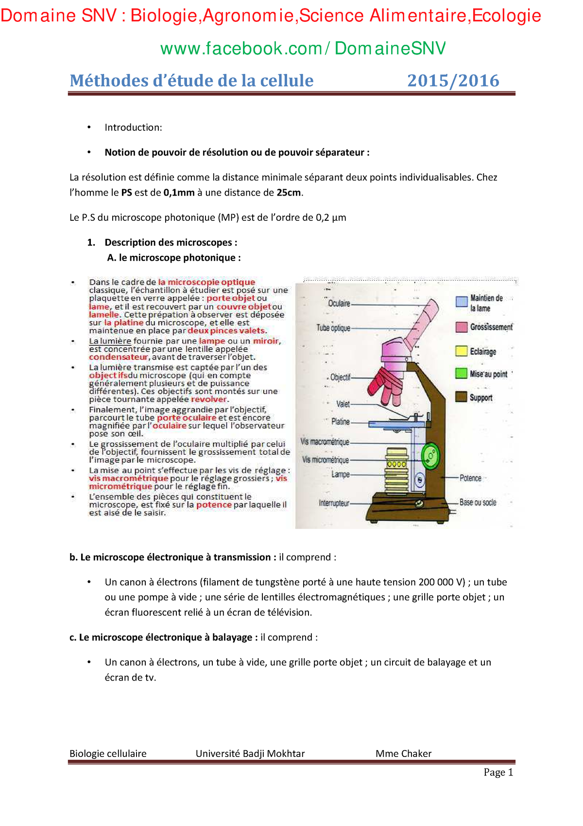 Cours Biologie Cellulaire Cours 2 Methodes Detude De La Cellule ...