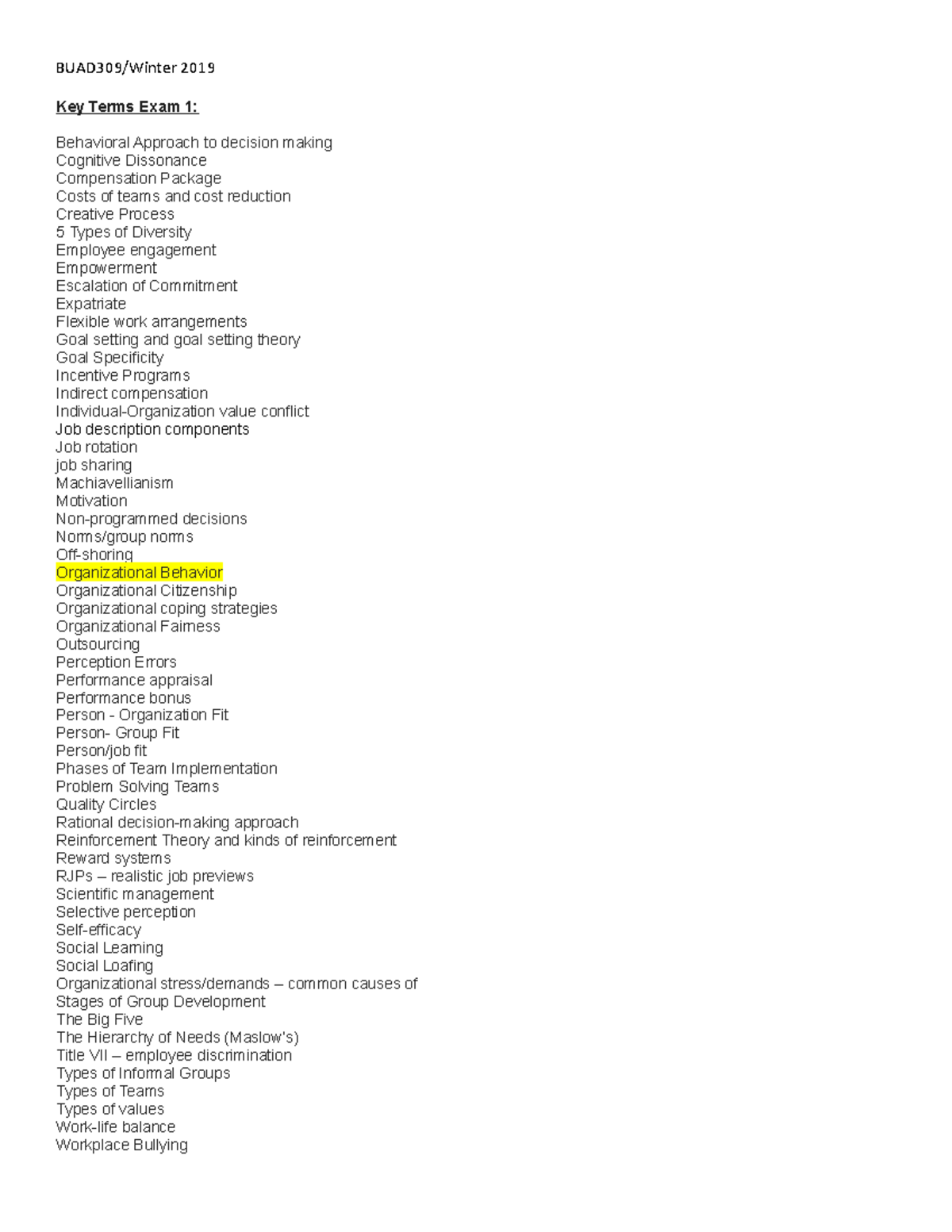 Key Terms Exam 1 - Test Preparation - BUAD309/Winter 2019 Key Terms ...