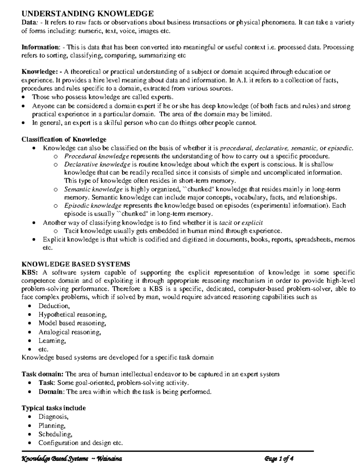 2 Introduction to KBS UNDERSTANDING KNOWLEDGE, classification of ...