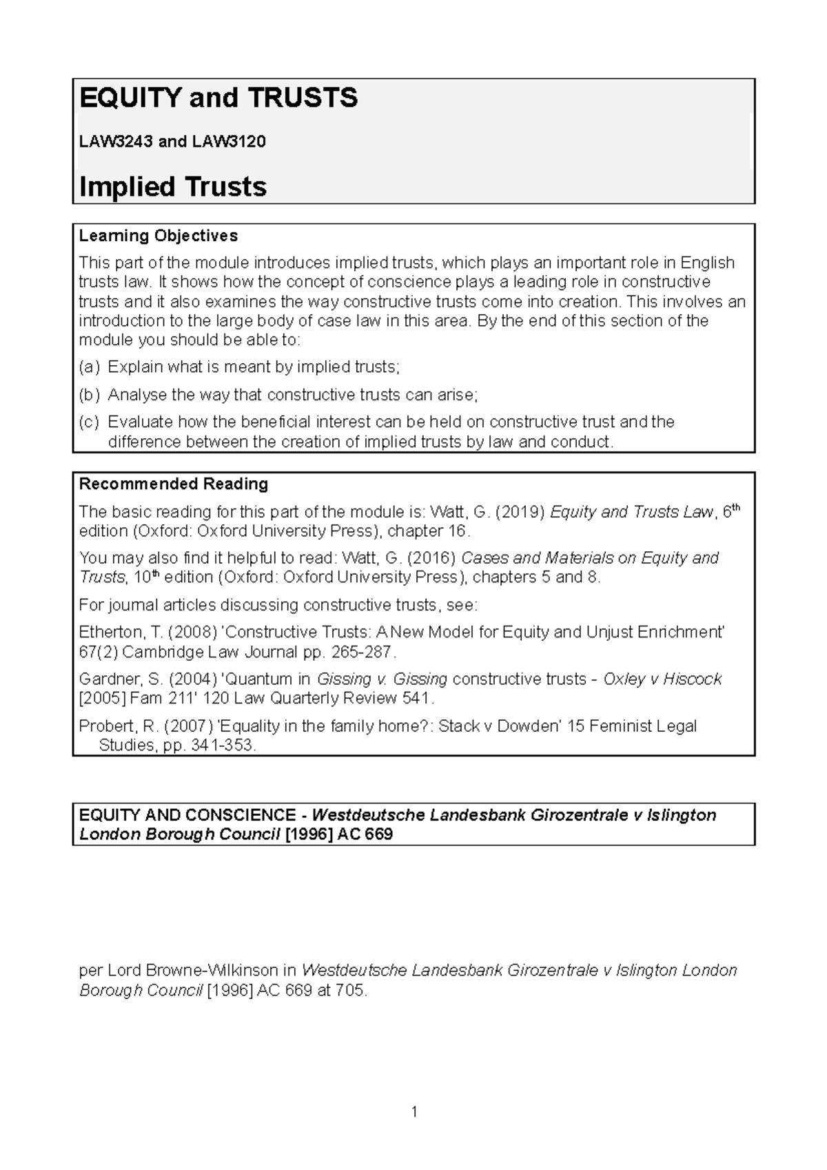 7- Implied Trusts outline - EQUITY and TRUSTS LAW3243 and LAW Implied ...