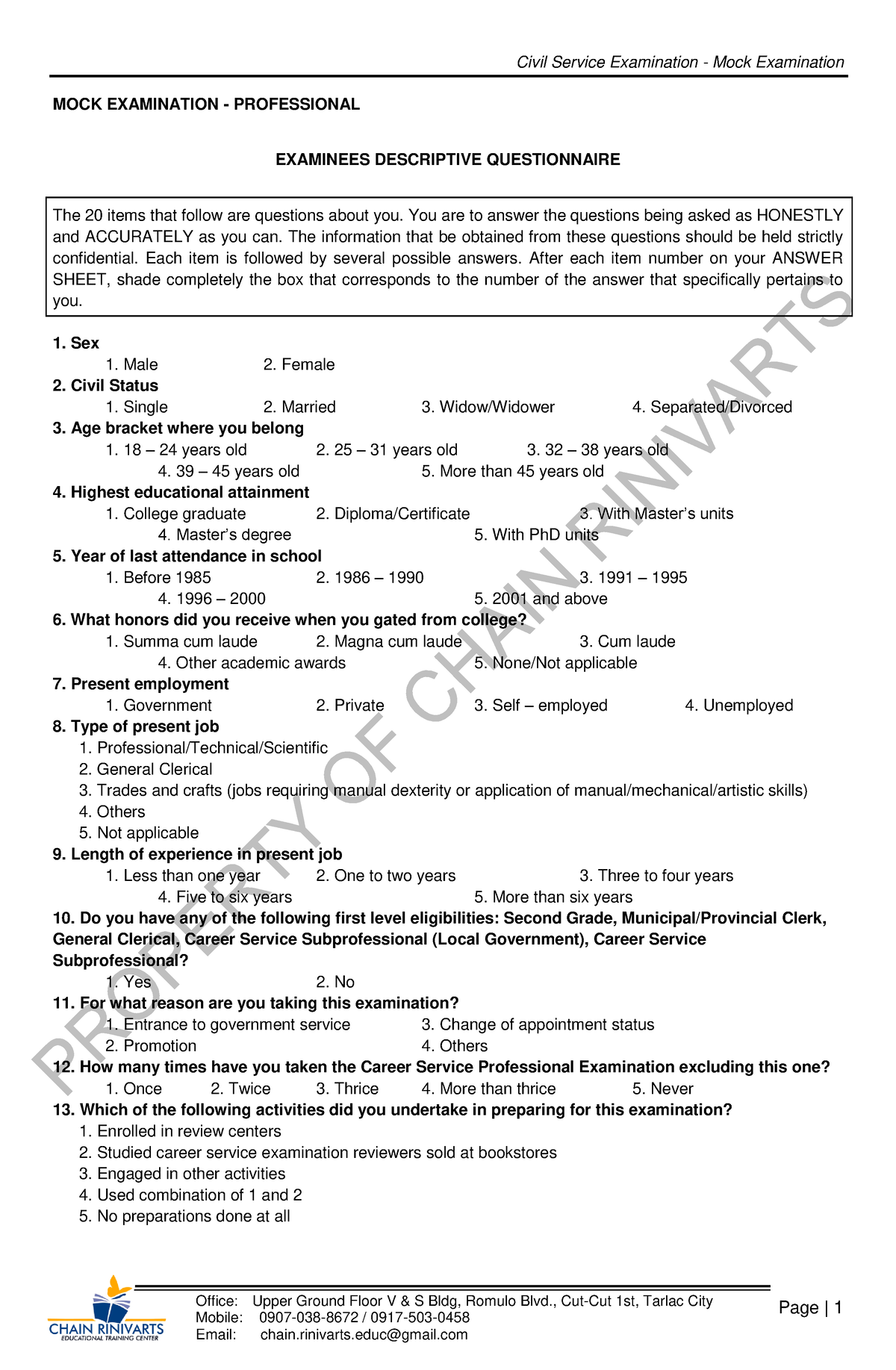 CSC Mock Exam This is a civil service mock exam and it will