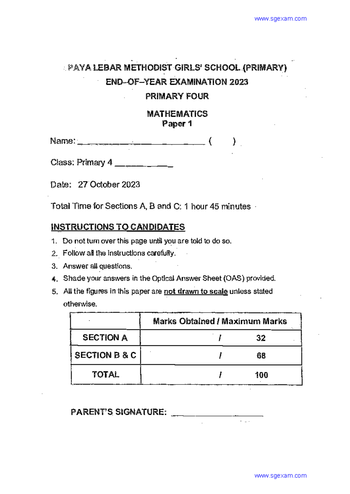2023-P4-Maths-End Of Year Exam- Plmgs - Name:· Class: Primary 4 ...