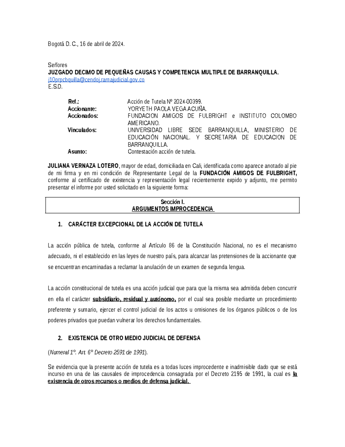 Contestación tutela Yoreth VEGA - Bogotá D. C., 16 de abril de 2024 ...