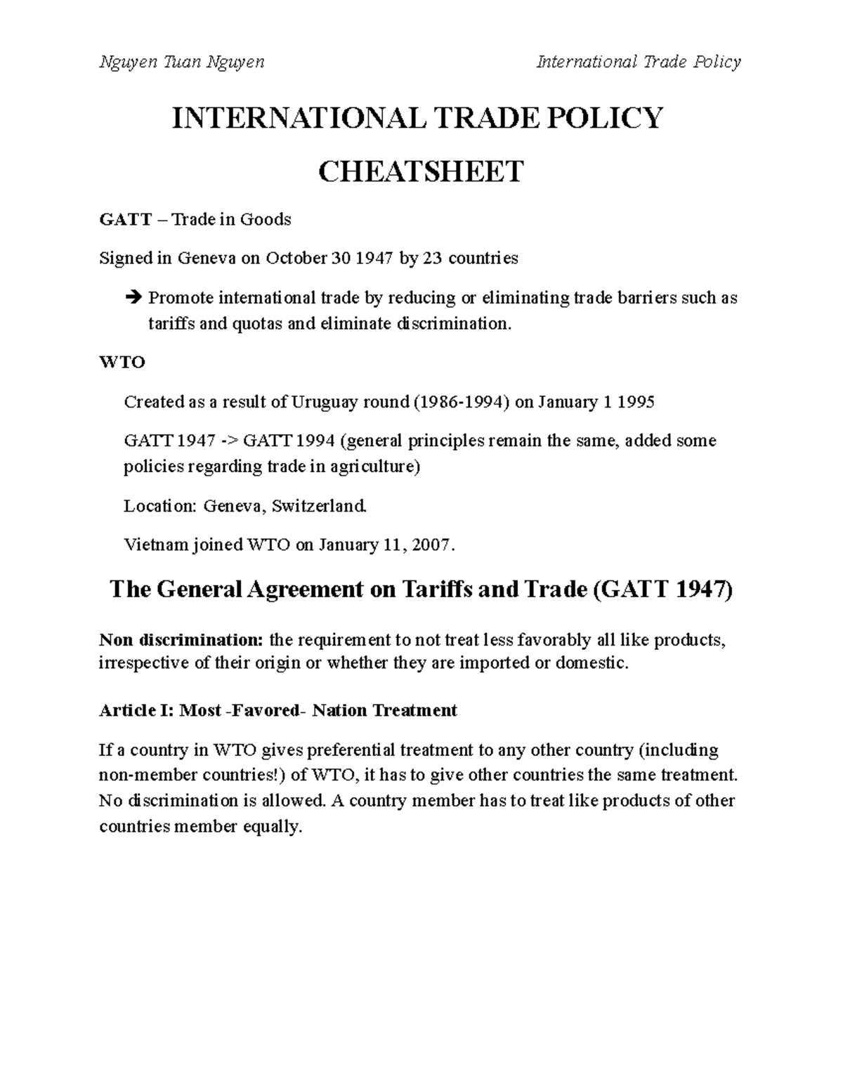 International Trade Policy Cheatsheet - INTERNATIONAL TRADE POLICY ...