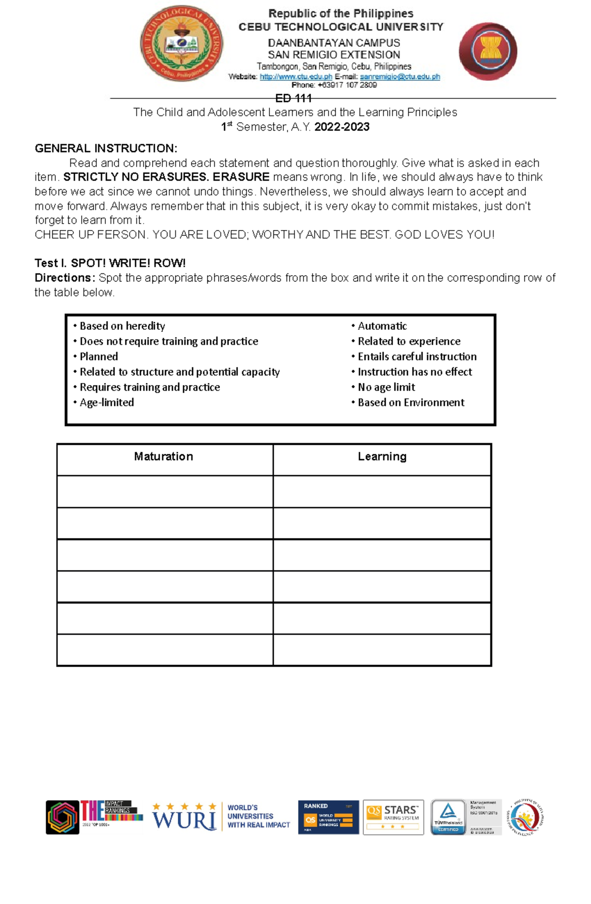 ED-111 Quiz Leeson 2 - Quiz - ED The Child and Adolescent Learners and ...