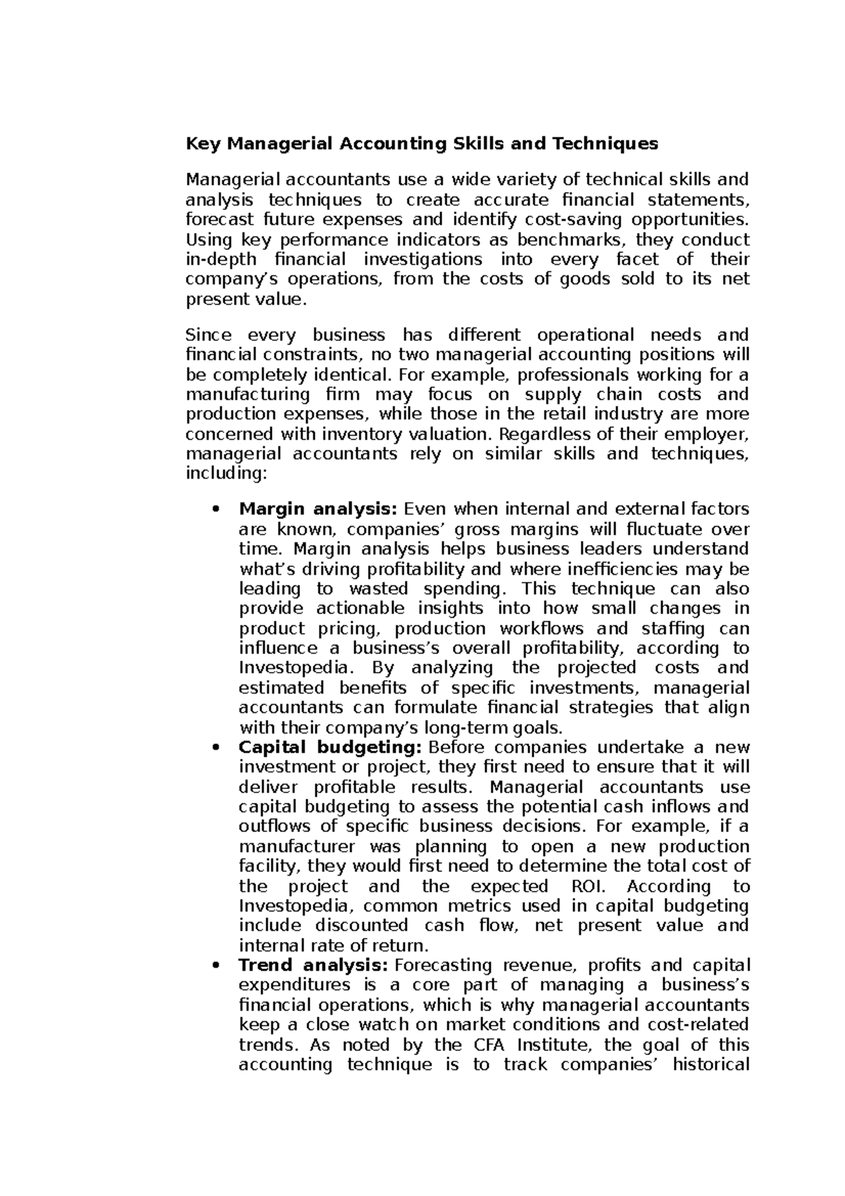 Key Managerial Accounting Skills and Techniques - Key Managerial ...